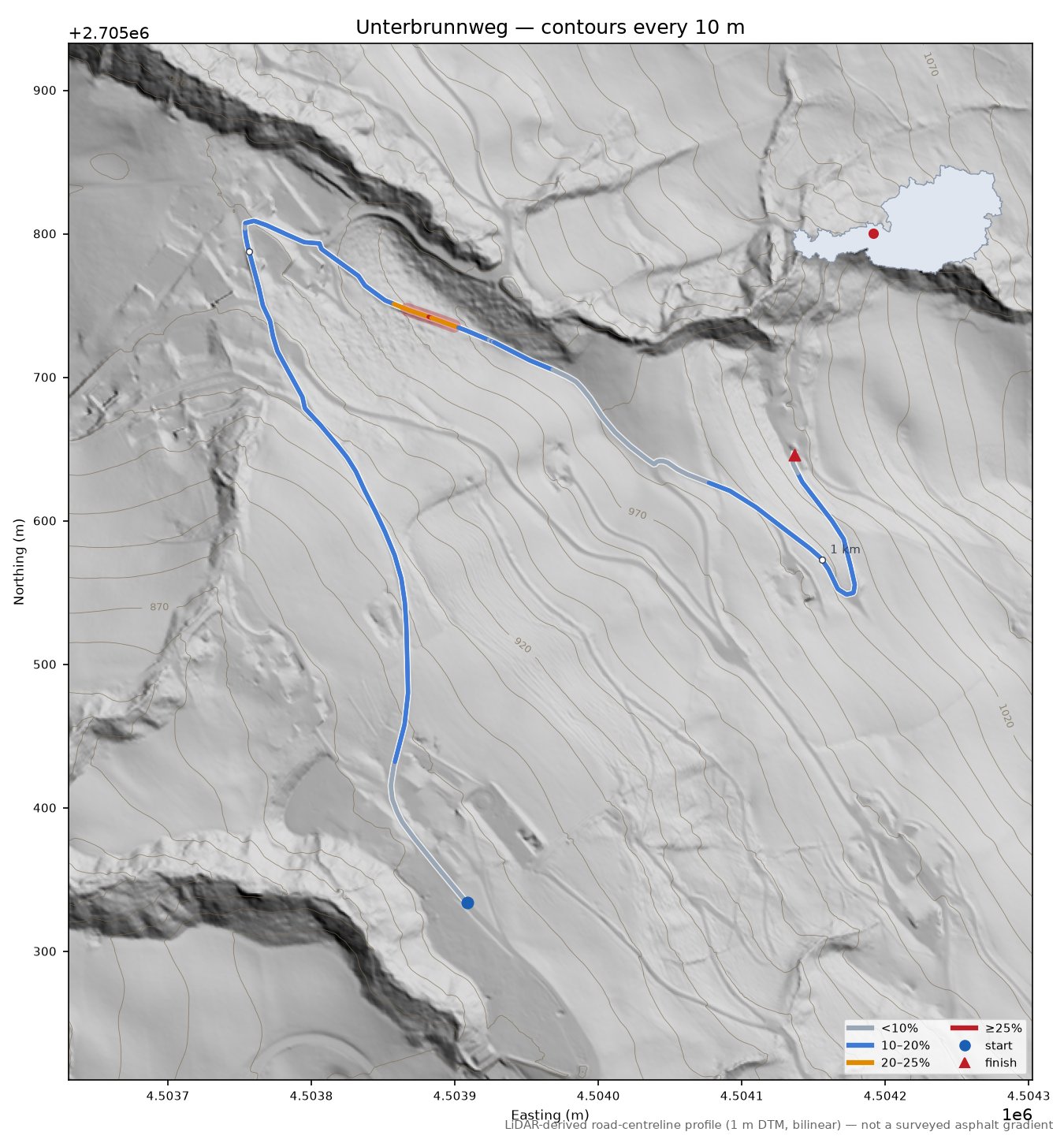 Unterbrunnweg LiDAR hillshade map with contours