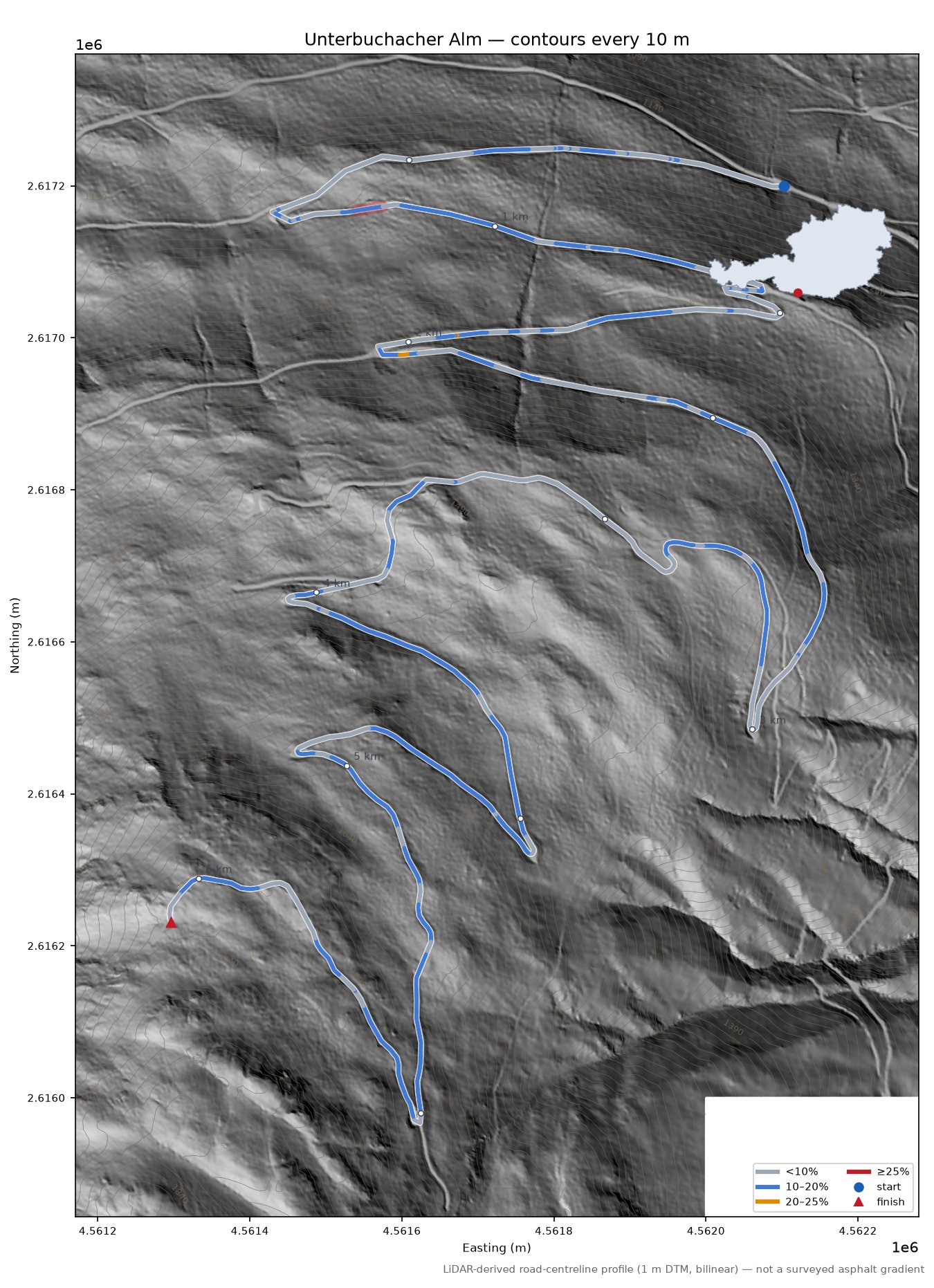 Unterbuchacher Alm LiDAR hillshade map with contours