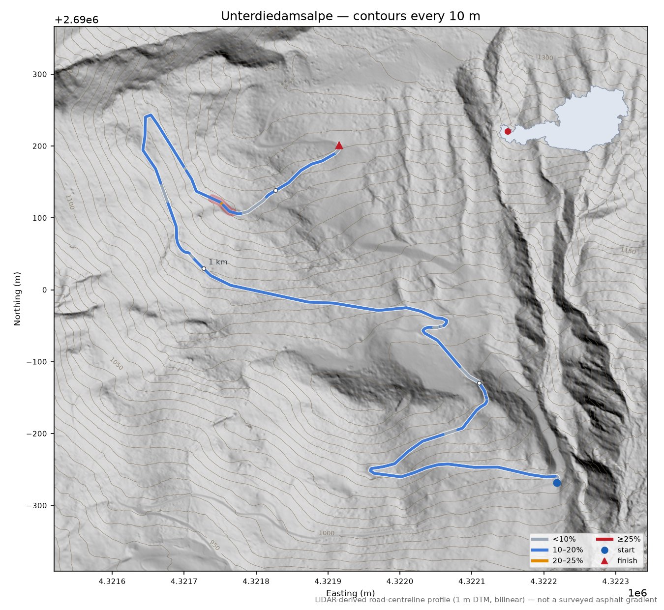 Unterdiedamsalpe LiDAR hillshade map with contours