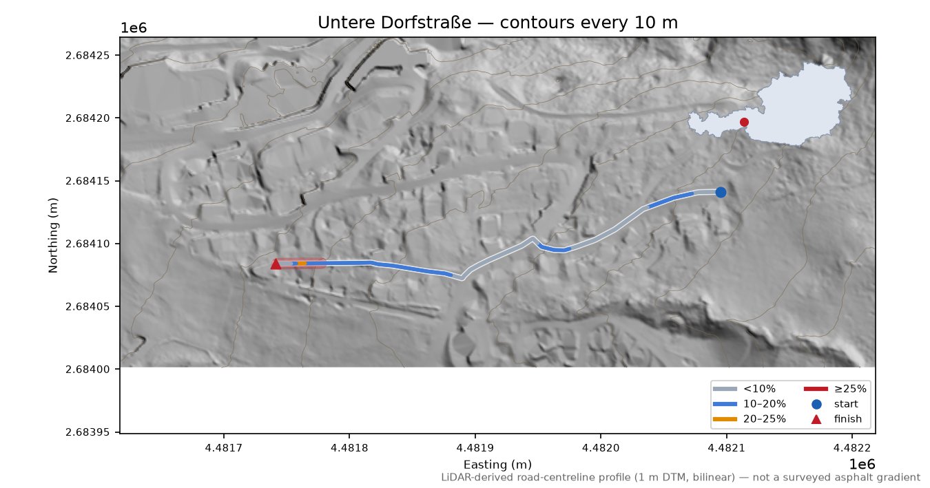 Untere Dorfstraße LiDAR hillshade map with contours