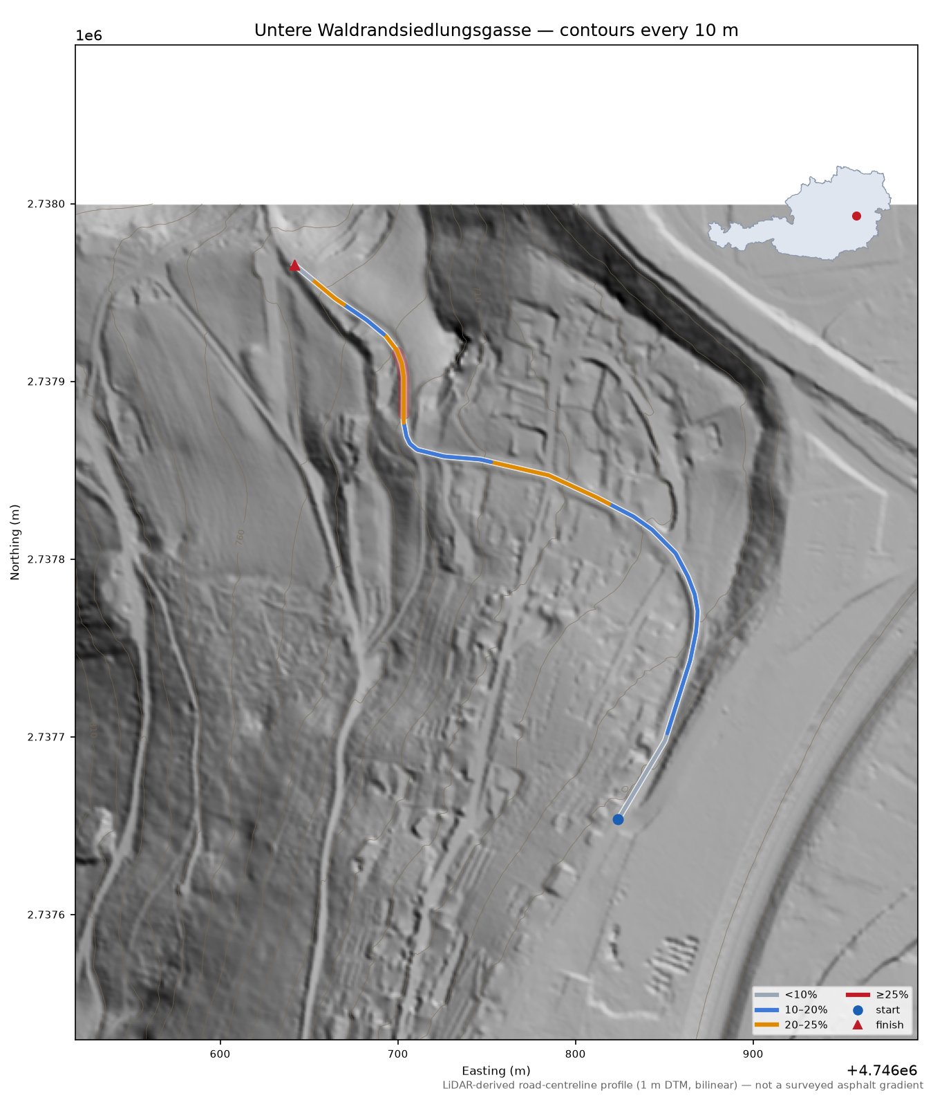 Untere Waldrandsiedlungsgasse LiDAR hillshade map with contours