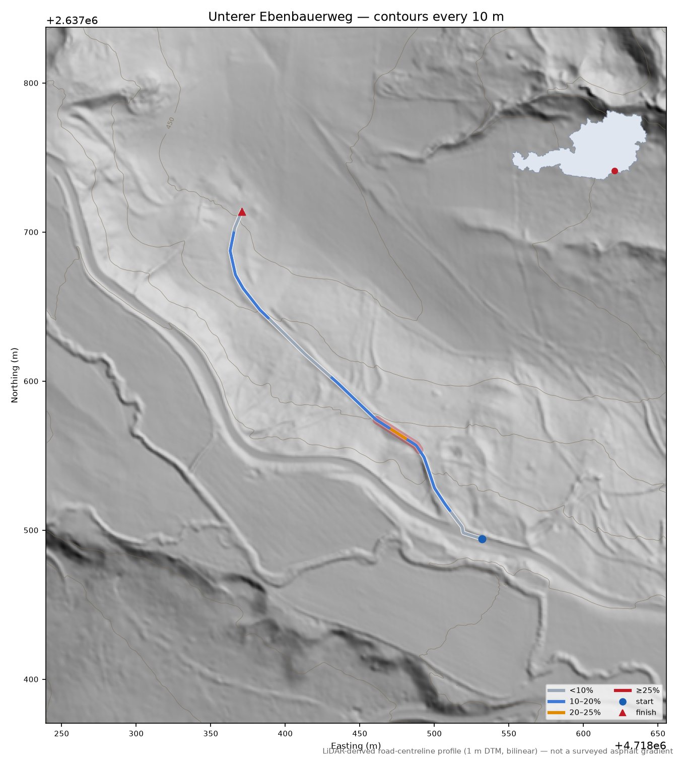 Unterer Ebenbauerweg LiDAR hillshade map with contours