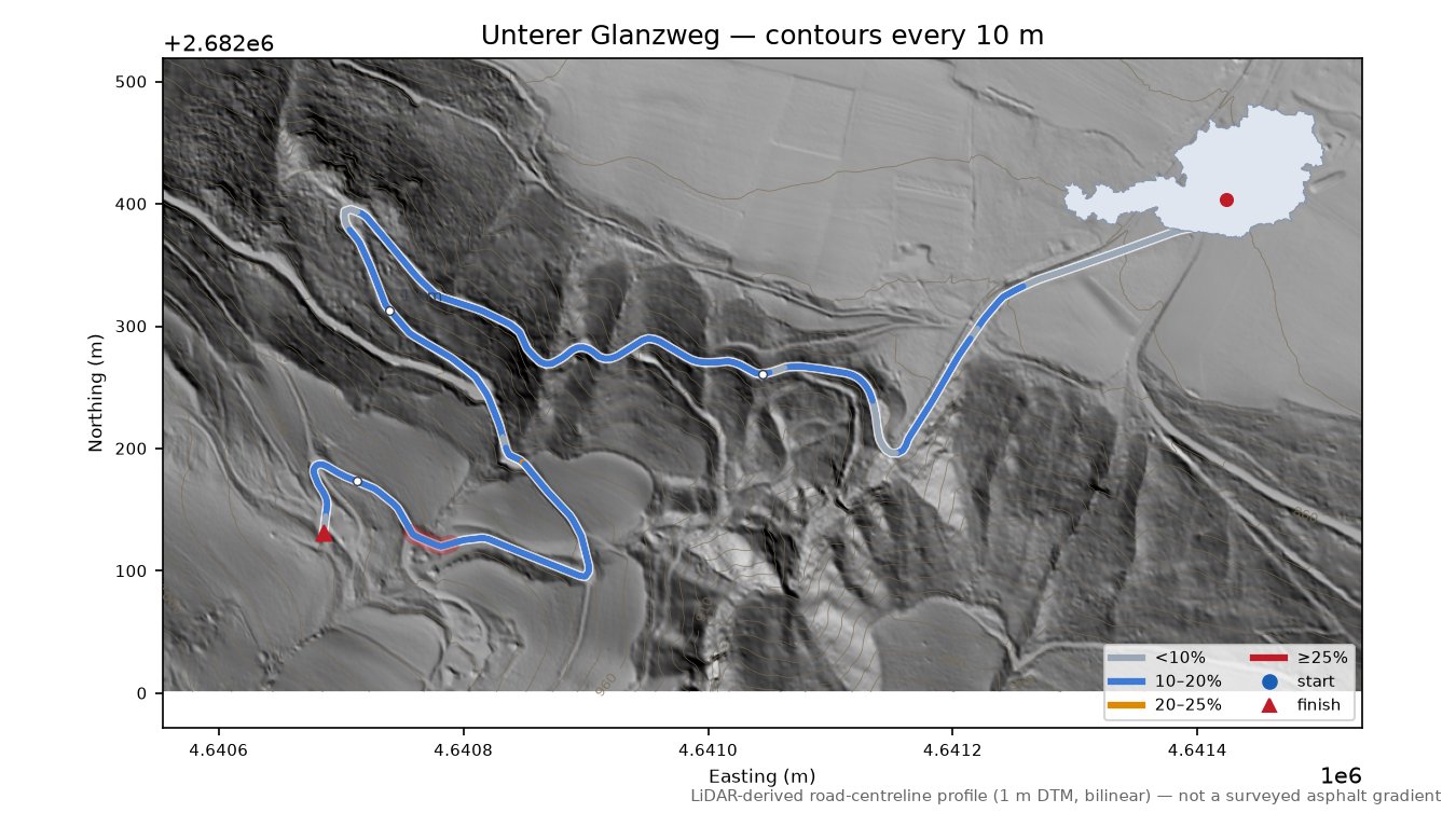 Unterer Glanzweg LiDAR hillshade map with contours