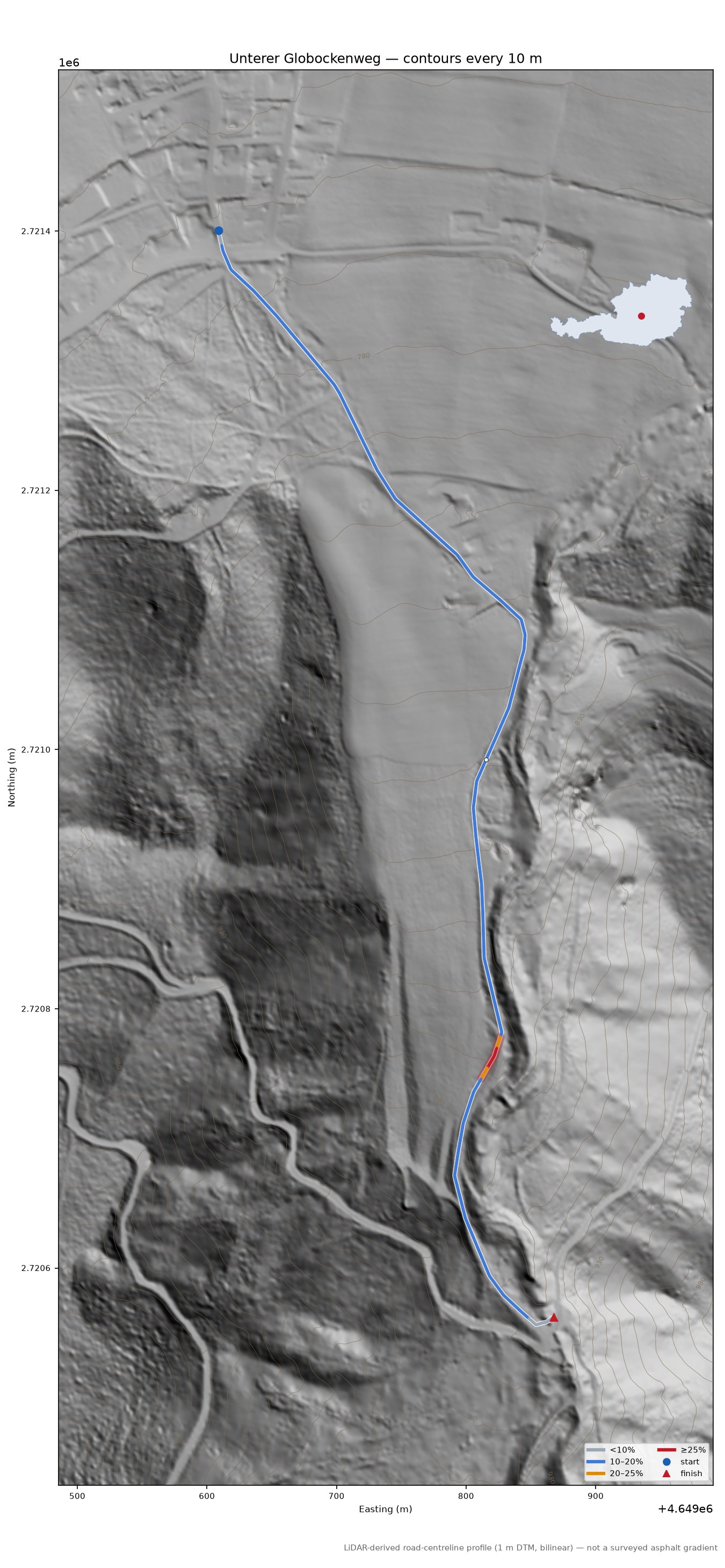 Unterer Globockenweg LiDAR hillshade map with contours