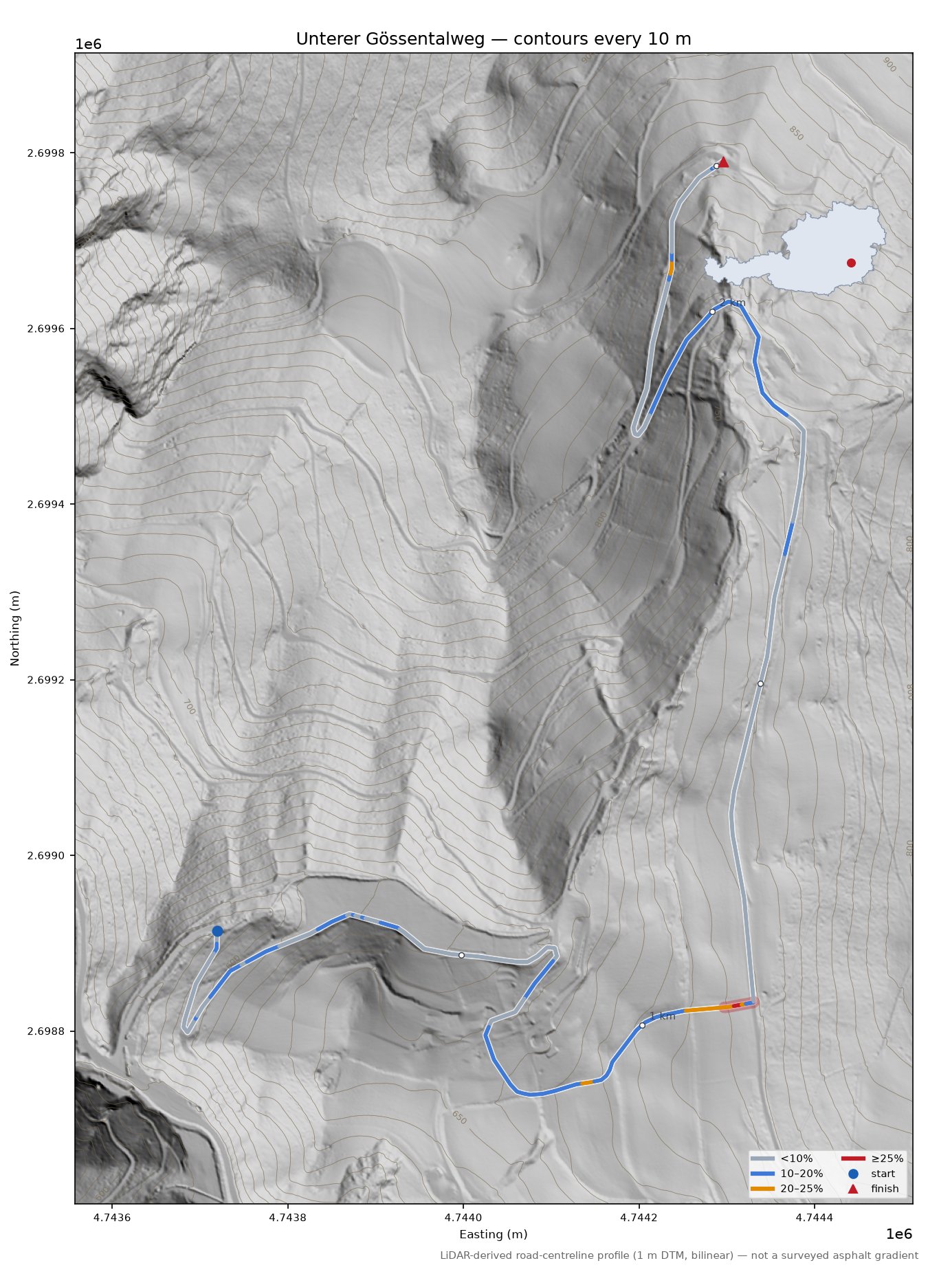 Unterer Gössentalweg LiDAR hillshade map with contours