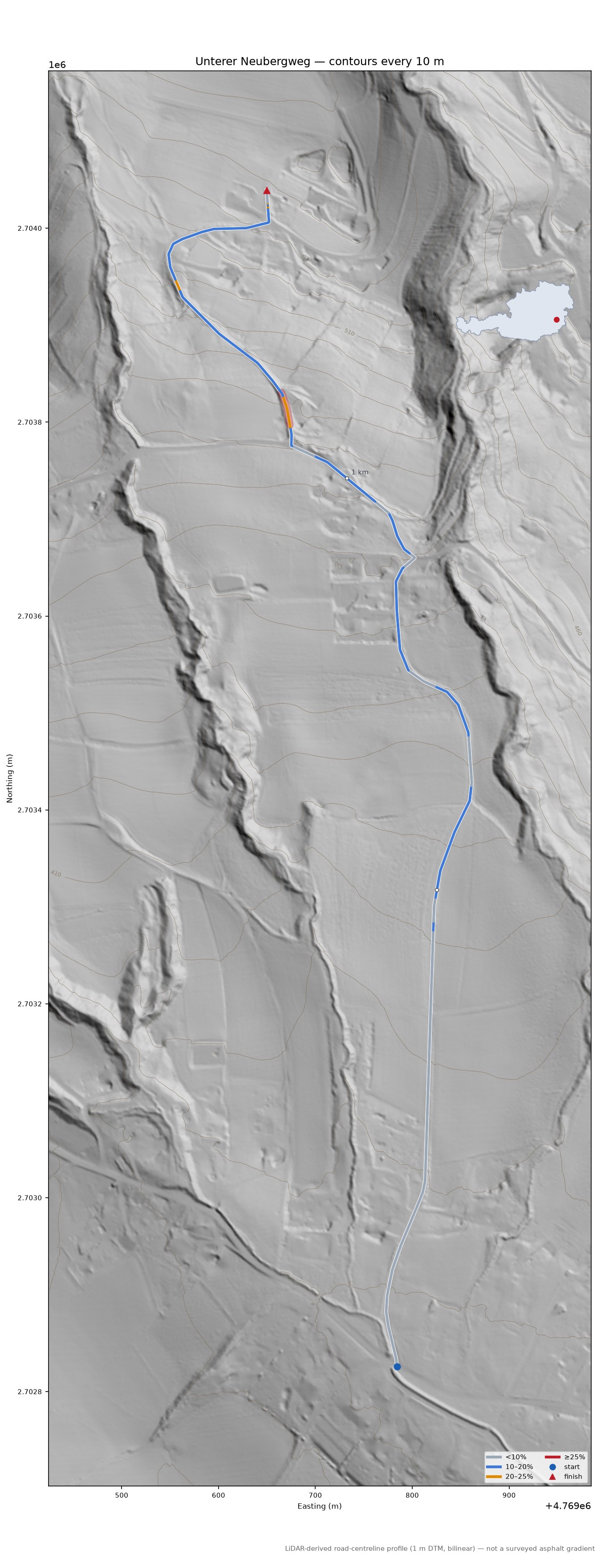 Unterer Neubergweg LiDAR hillshade map with contours