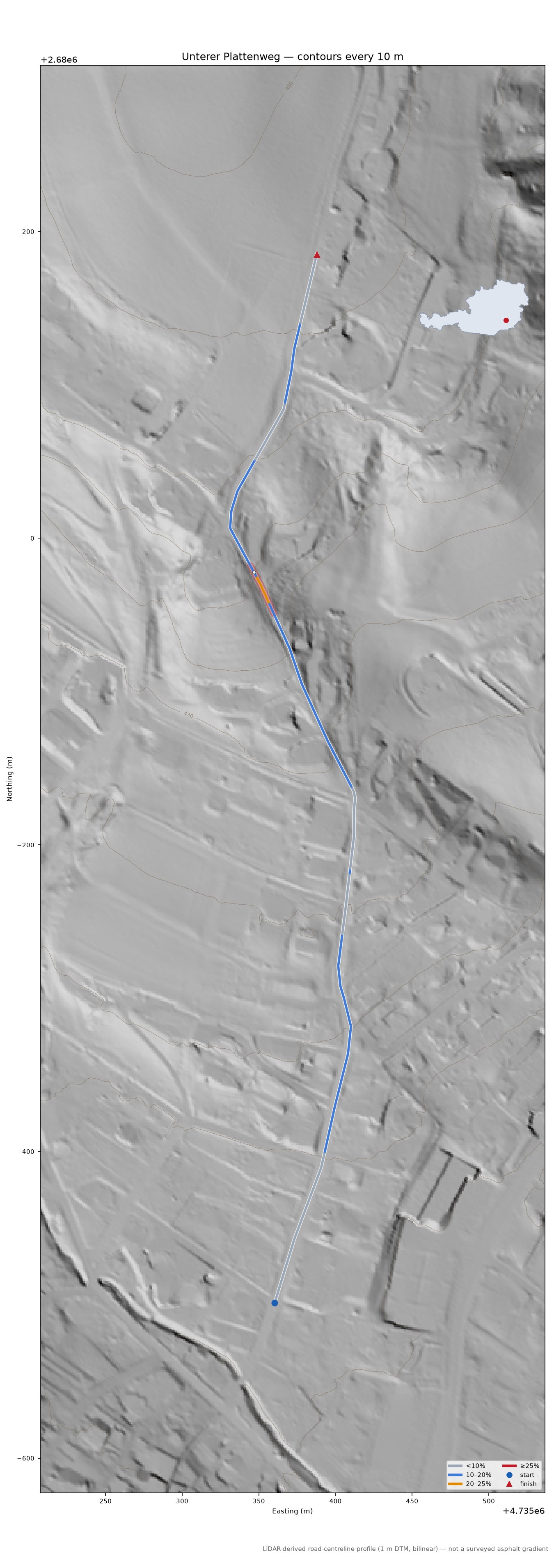 Unterer Plattenweg LiDAR hillshade map with contours