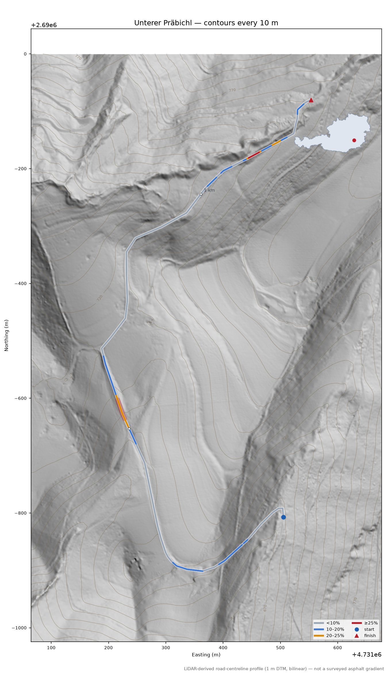 Unterer Präbichl LiDAR hillshade map with contours
