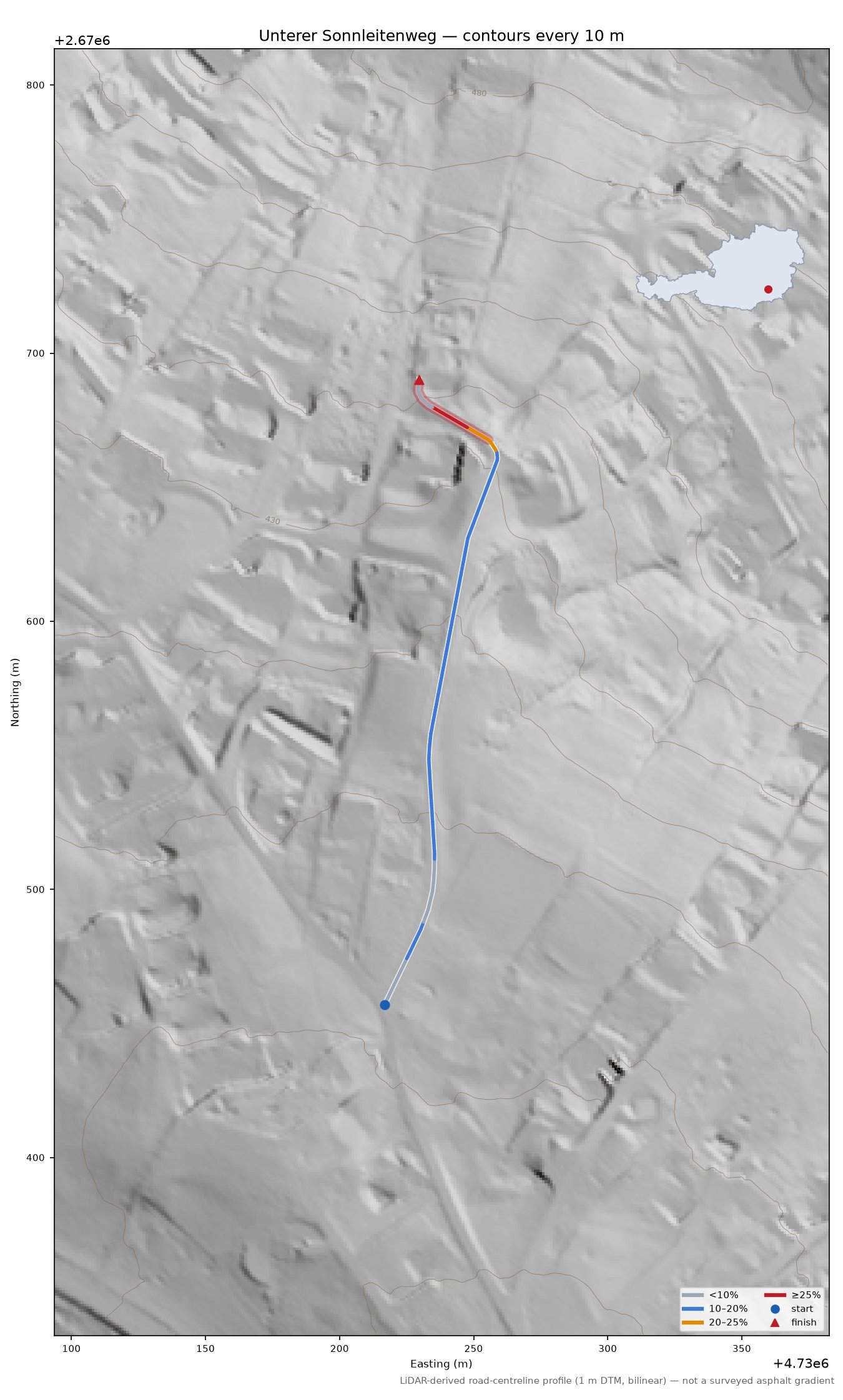 Unterer Sonnleitenweg LiDAR hillshade map with contours