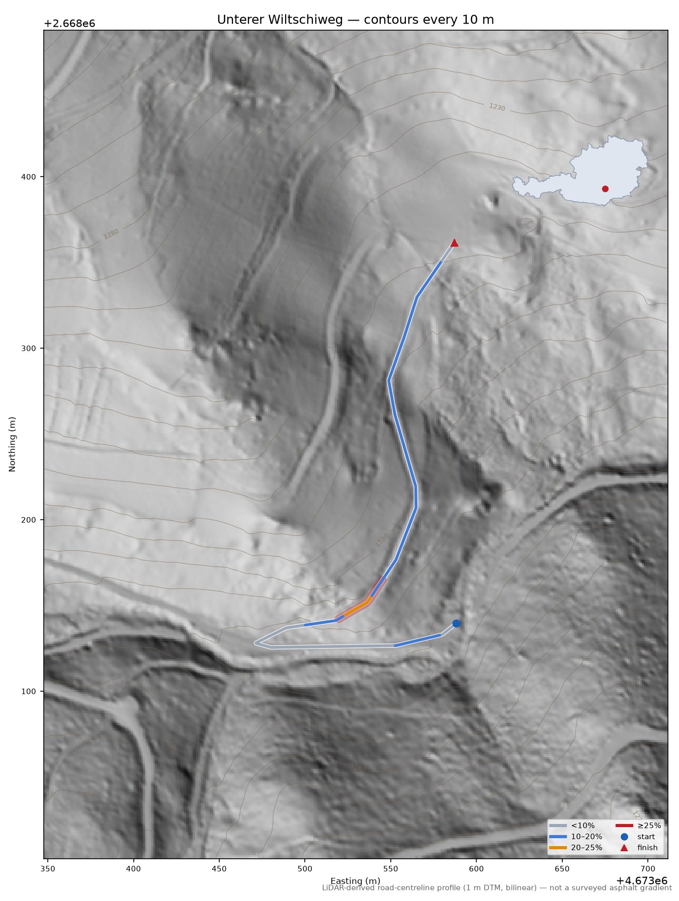 Unterer Wiltschiweg LiDAR hillshade map with contours