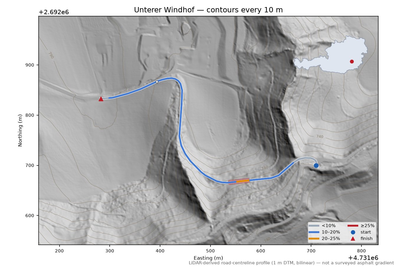 Unterer Windhof LiDAR hillshade map with contours