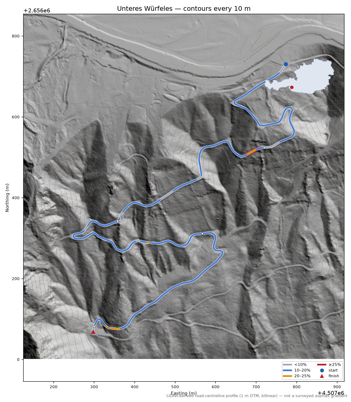 Unteres Würfeles LiDAR hillshade map with contours