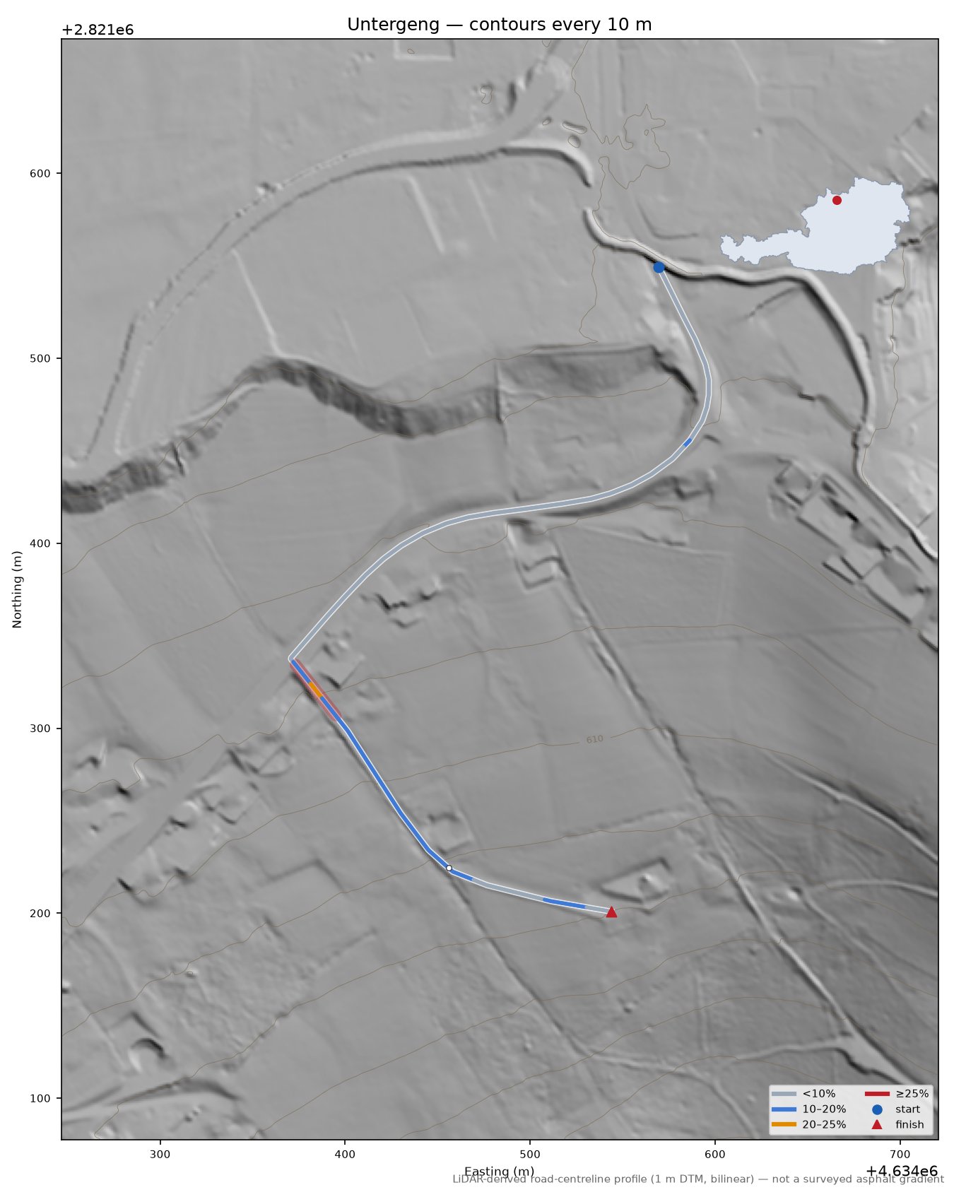 Untergeng LiDAR hillshade map with contours