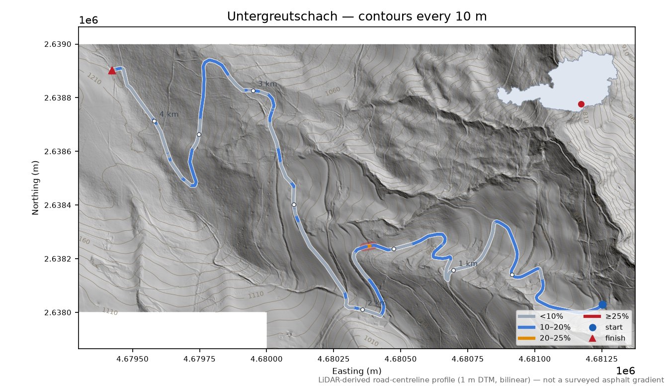 Untergreutschach LiDAR hillshade map with contours