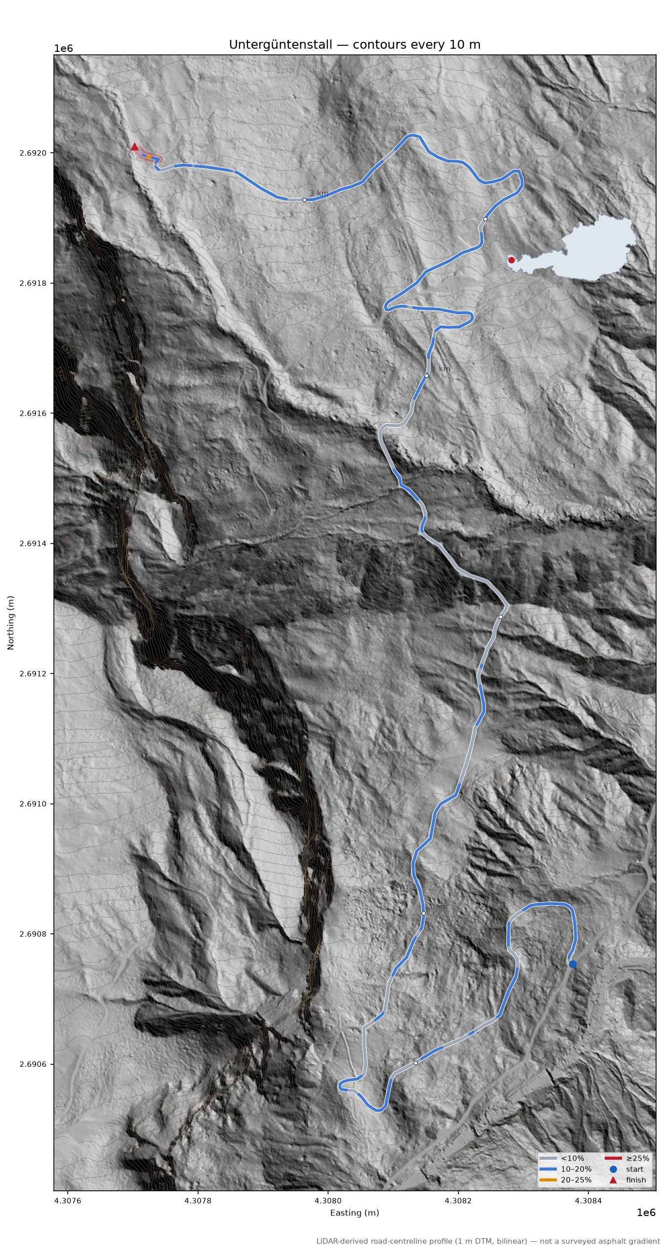 Untergüntenstall LiDAR hillshade map with contours