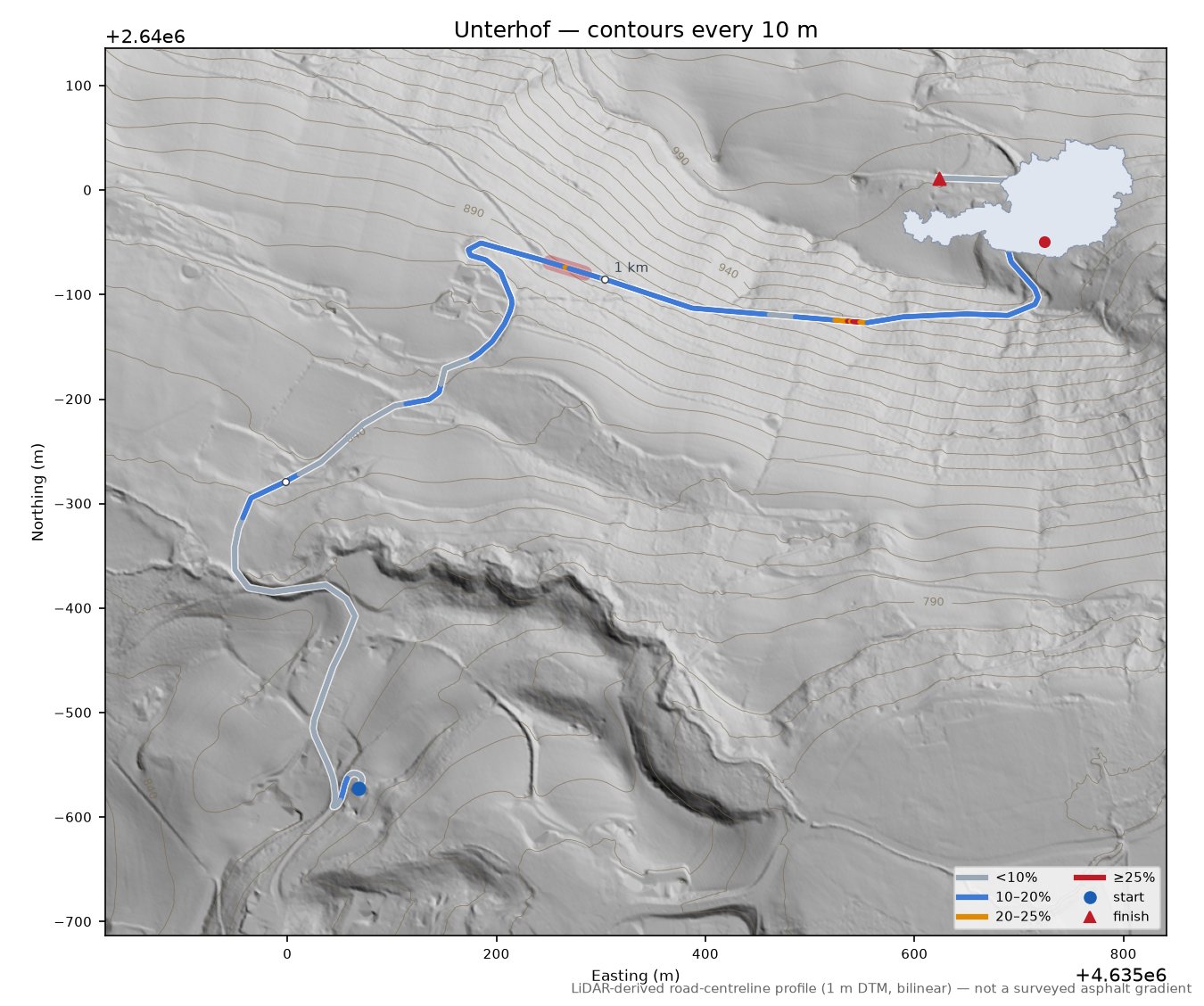 Unterhof LiDAR hillshade map with contours