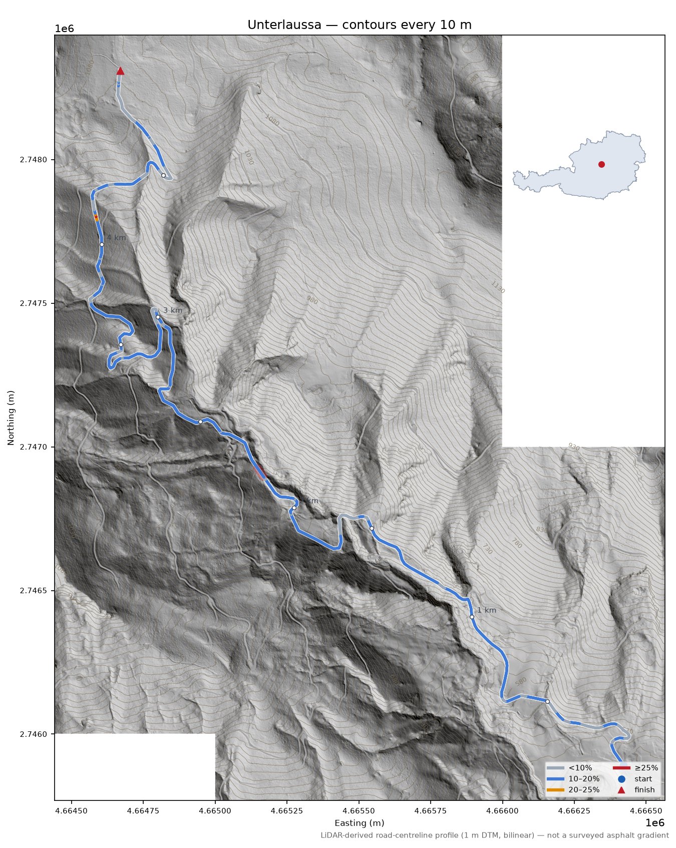 Unterlaussa LiDAR hillshade map with contours