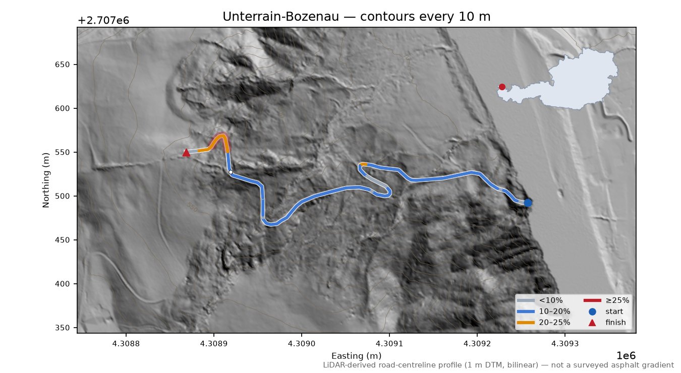 Unterrain-Bozenau LiDAR hillshade map with contours