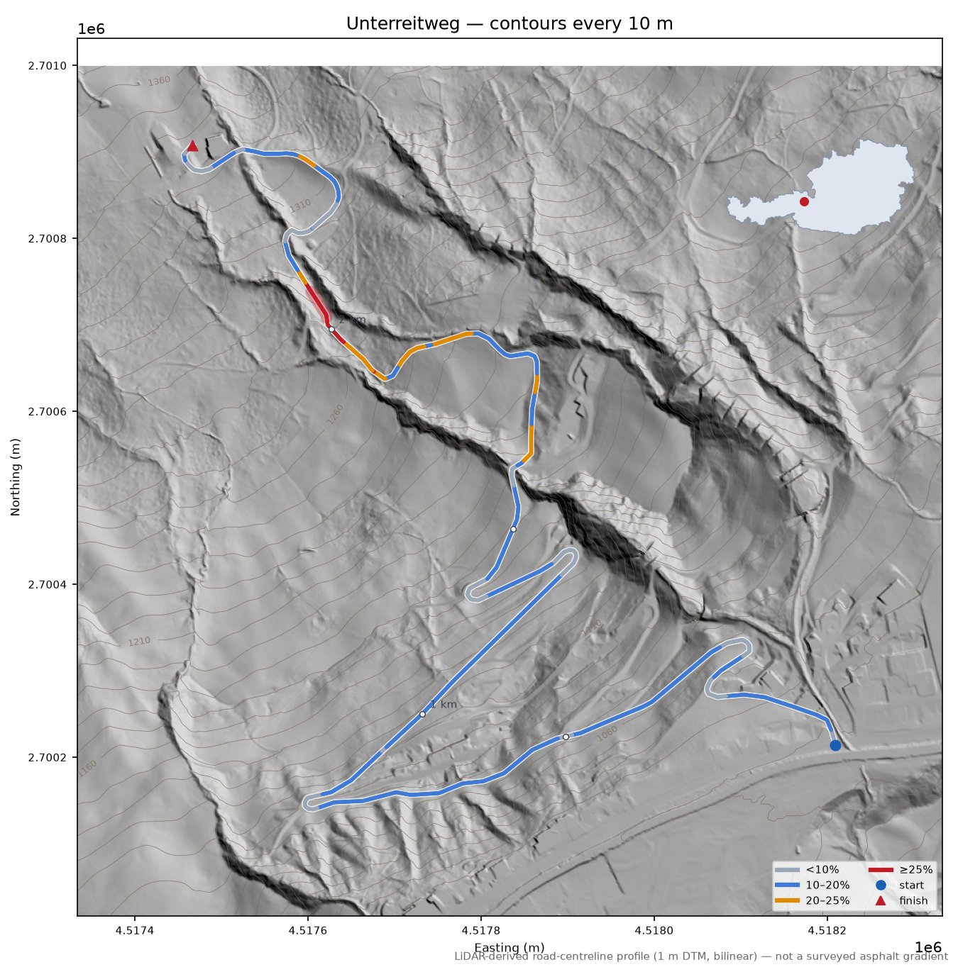 Unterreitweg LiDAR hillshade map with contours