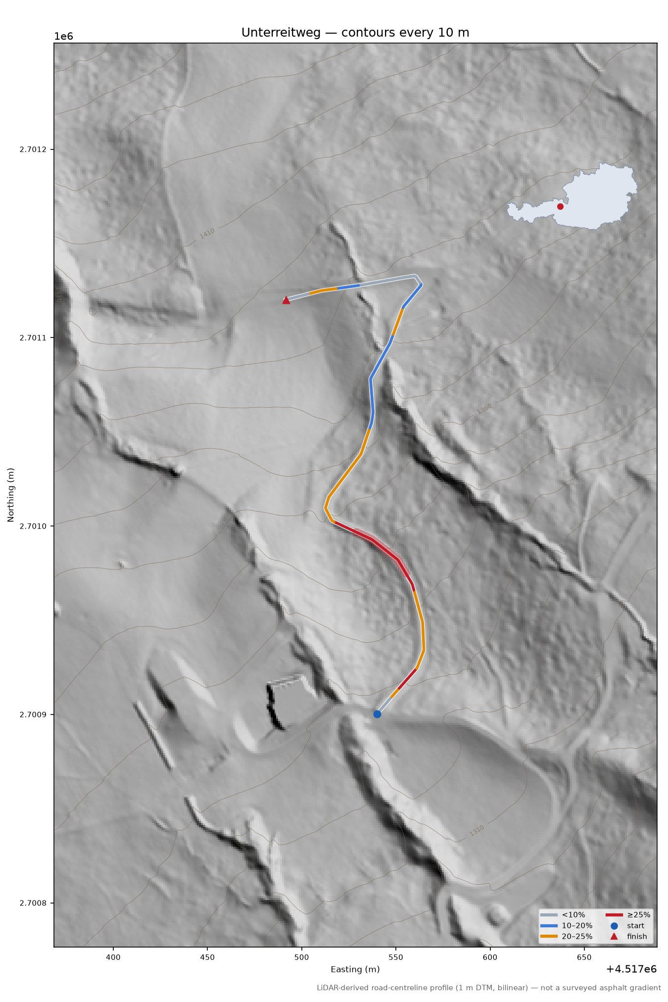 Unterreitweg LiDAR hillshade map with contours