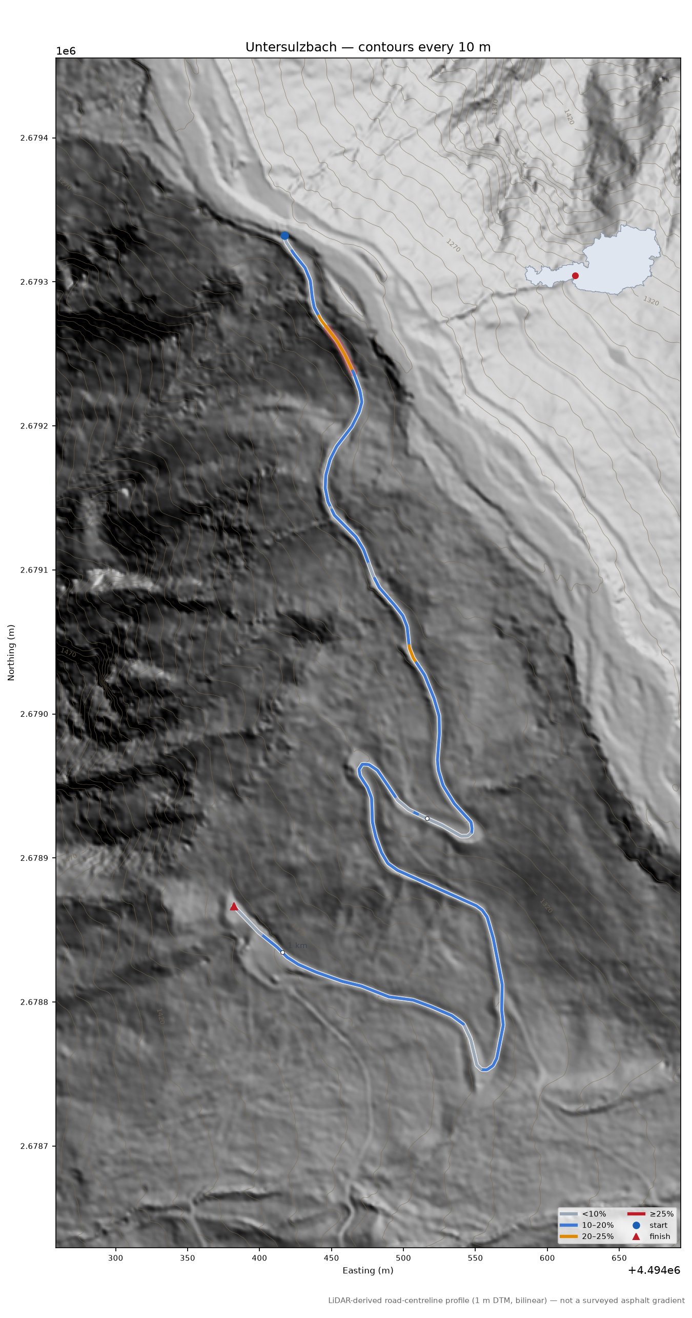 Untersulzbach LiDAR hillshade map with contours