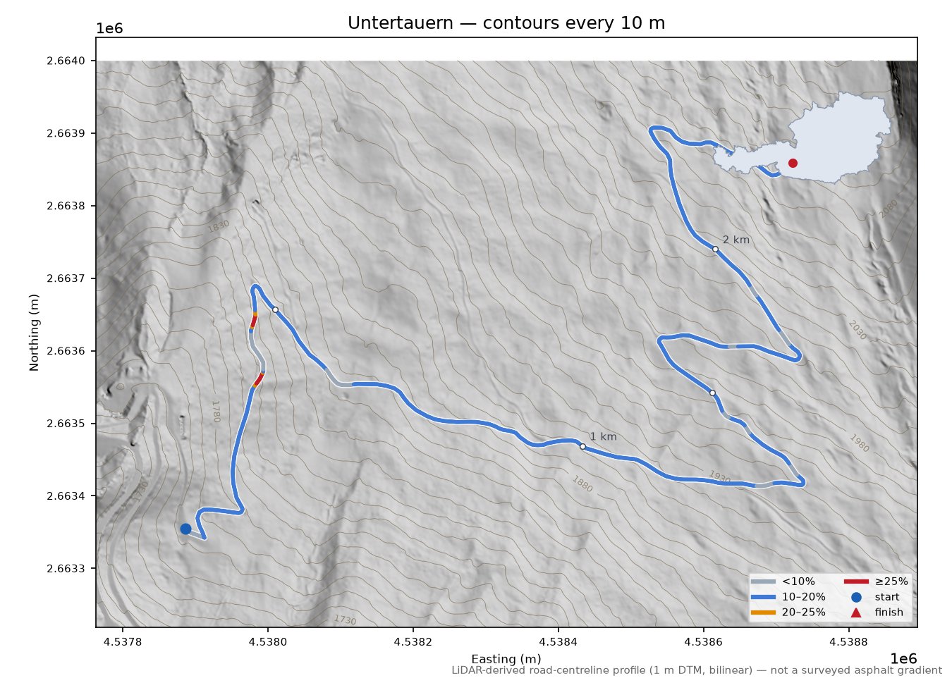 Untertauern LiDAR hillshade map with contours