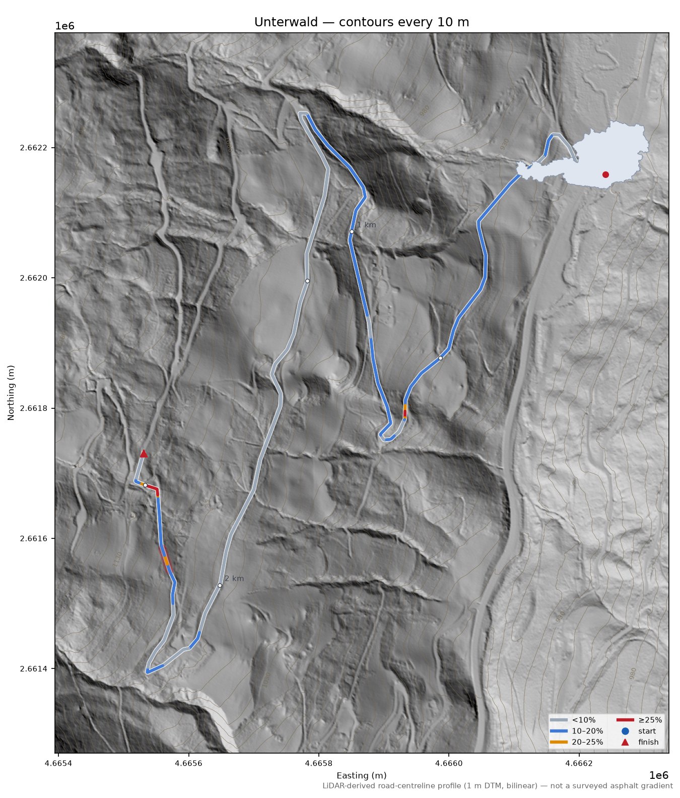 Unterwald LiDAR hillshade map with contours