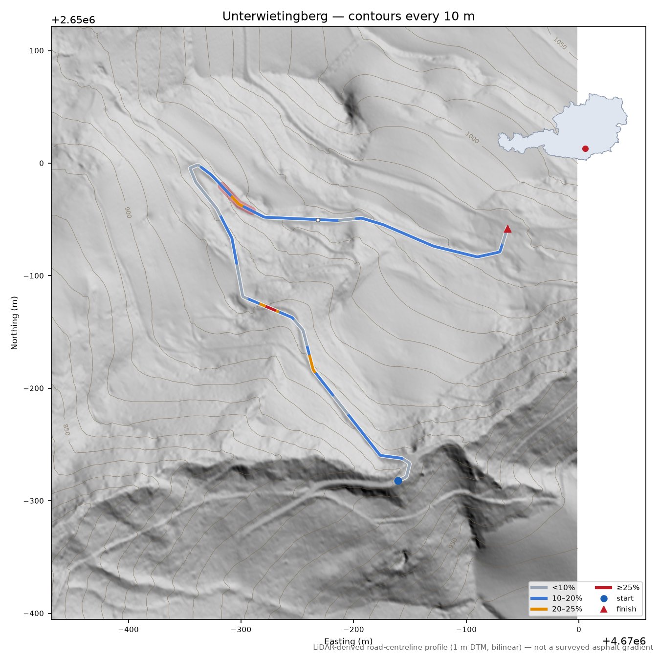 Unterwietingberg LiDAR hillshade map with contours