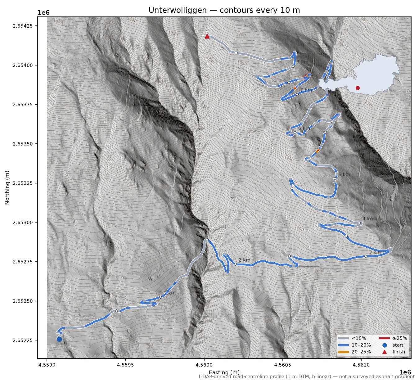 Unterwolliggen LiDAR hillshade map with contours