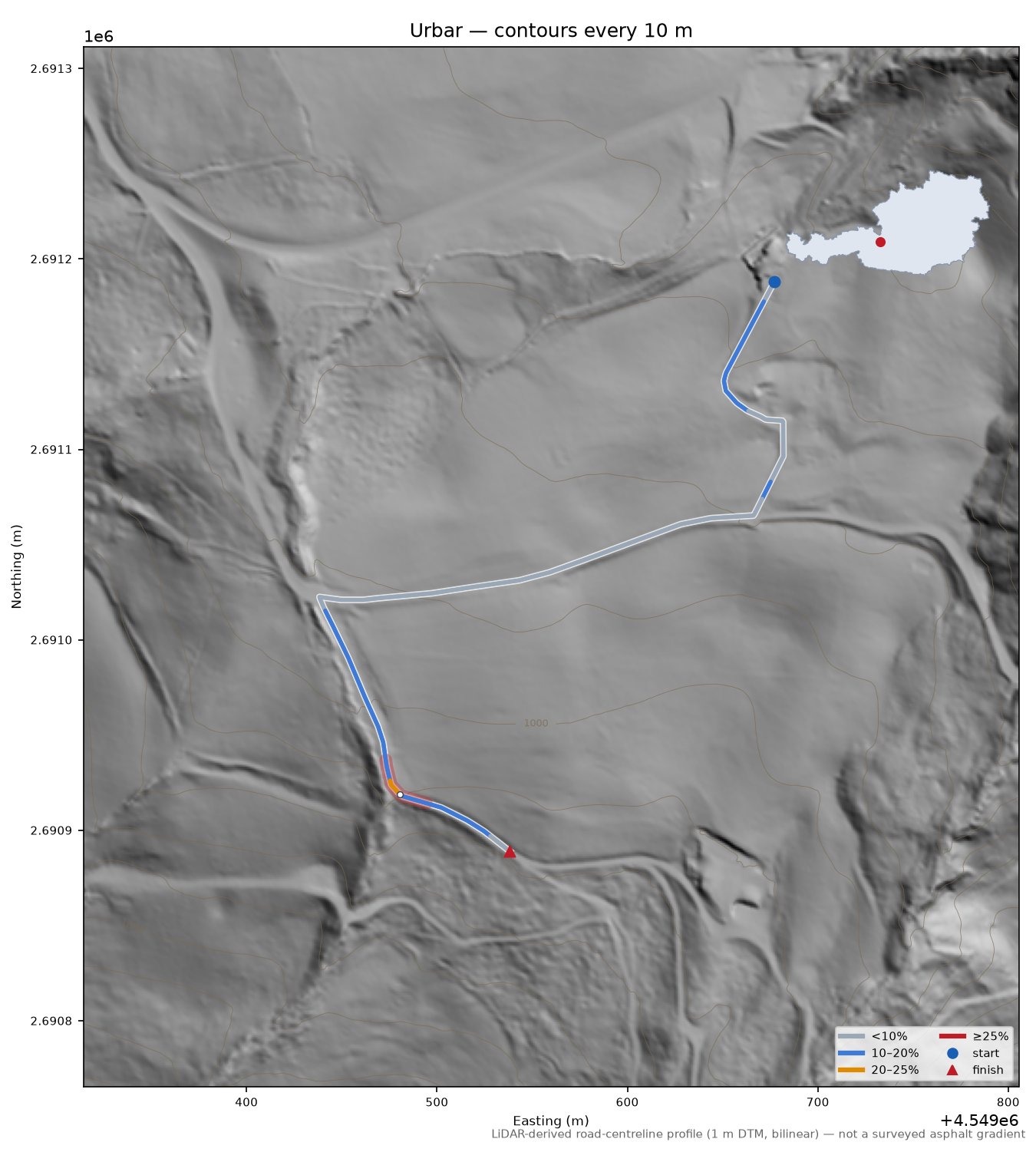 Urbar LiDAR hillshade map with contours