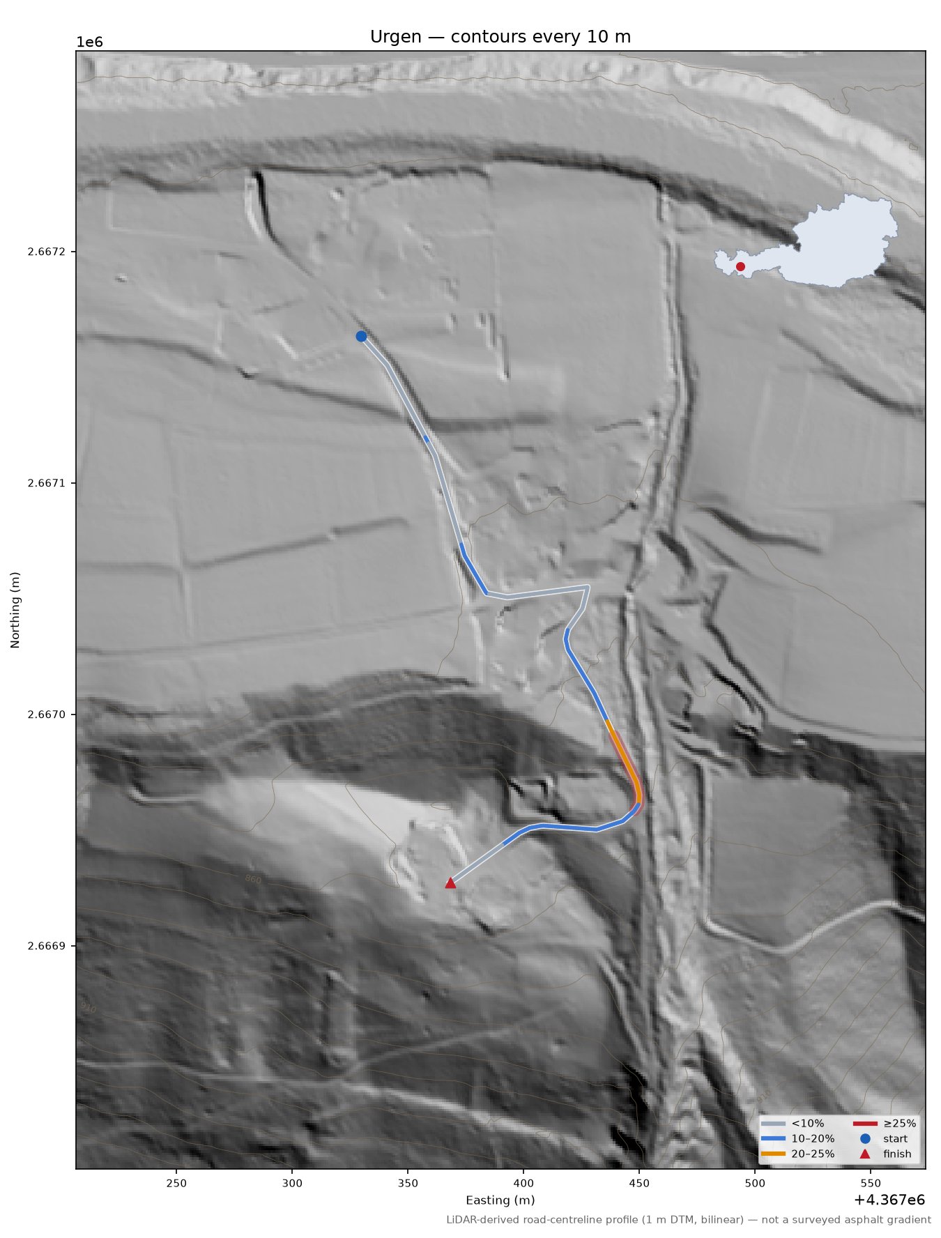Urgen LiDAR hillshade map with contours