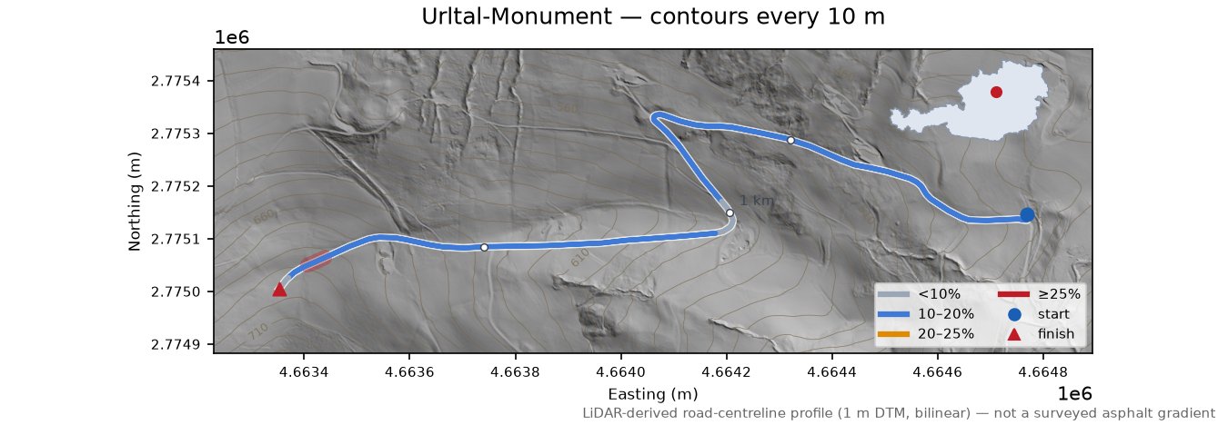 Urltal-Monument LiDAR hillshade map with contours