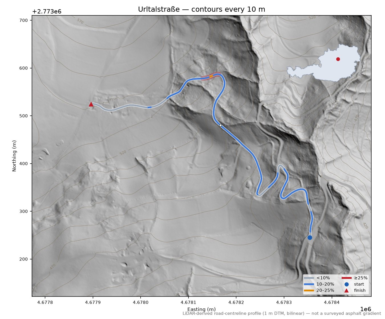 Urltalstraße LiDAR hillshade map with contours