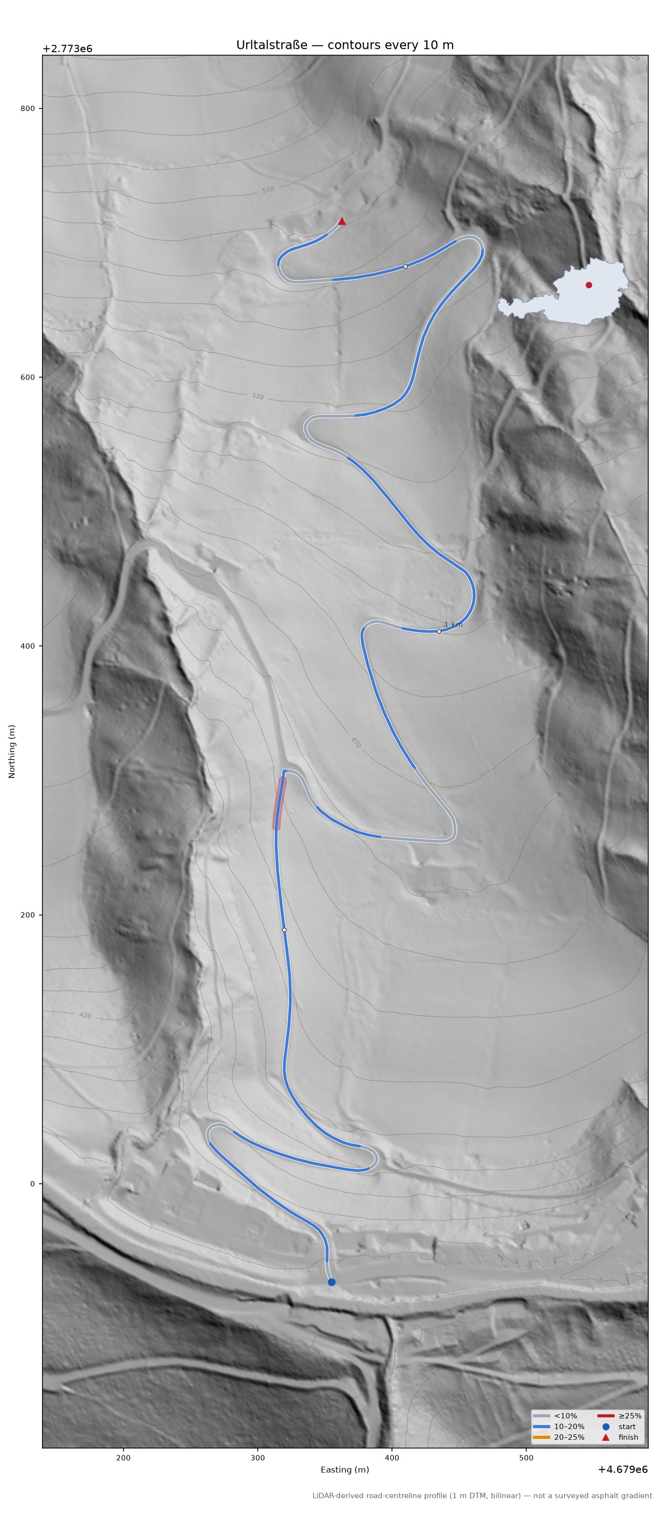 Urltalstraße LiDAR hillshade map with contours