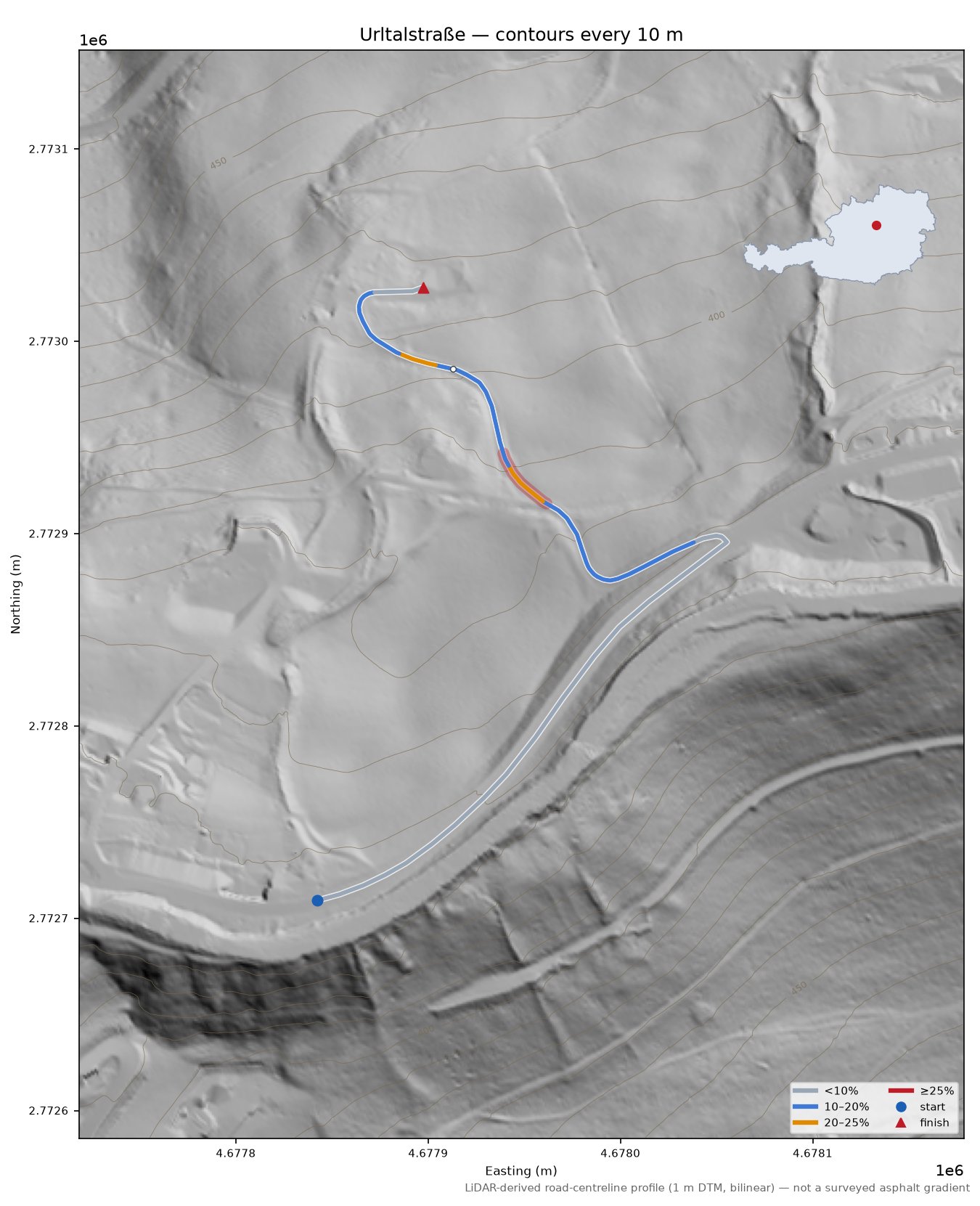 Urltalstraße LiDAR hillshade map with contours