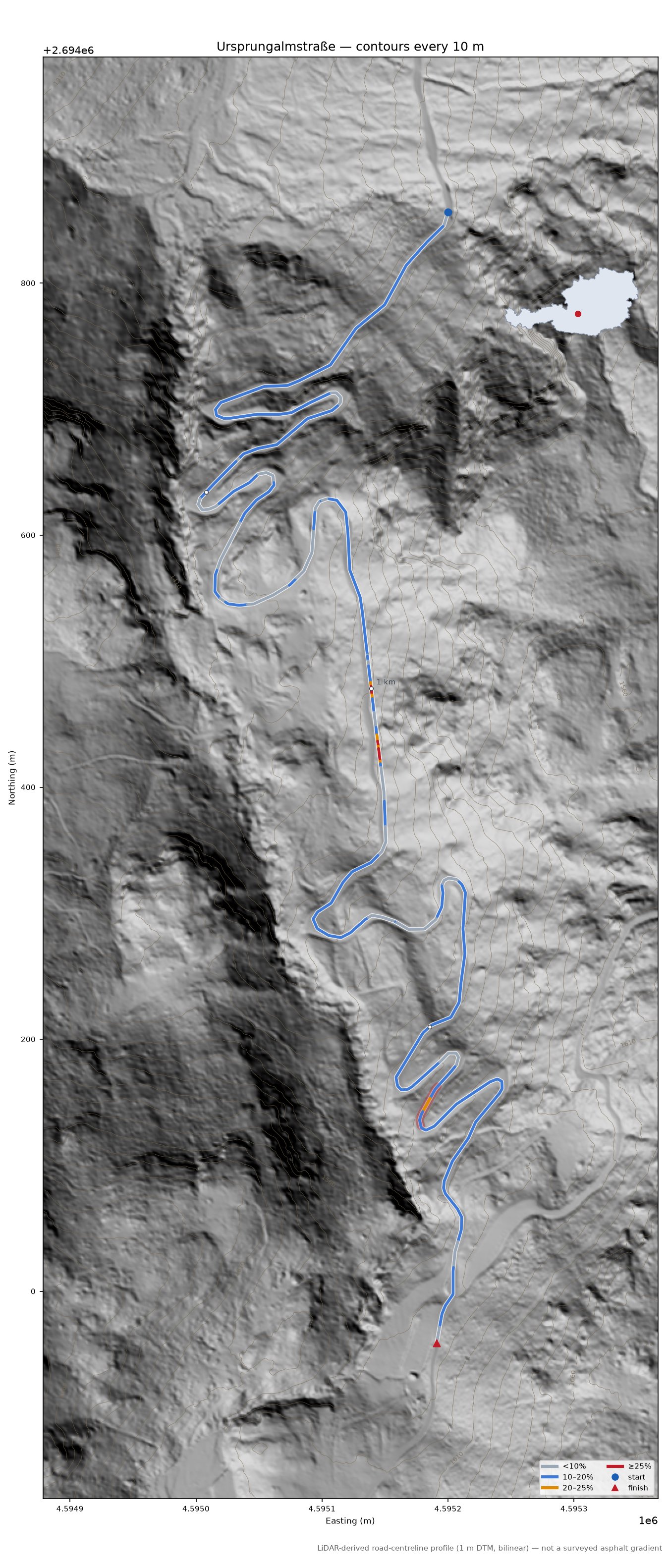 Ursprungalmstraße LiDAR hillshade map with contours