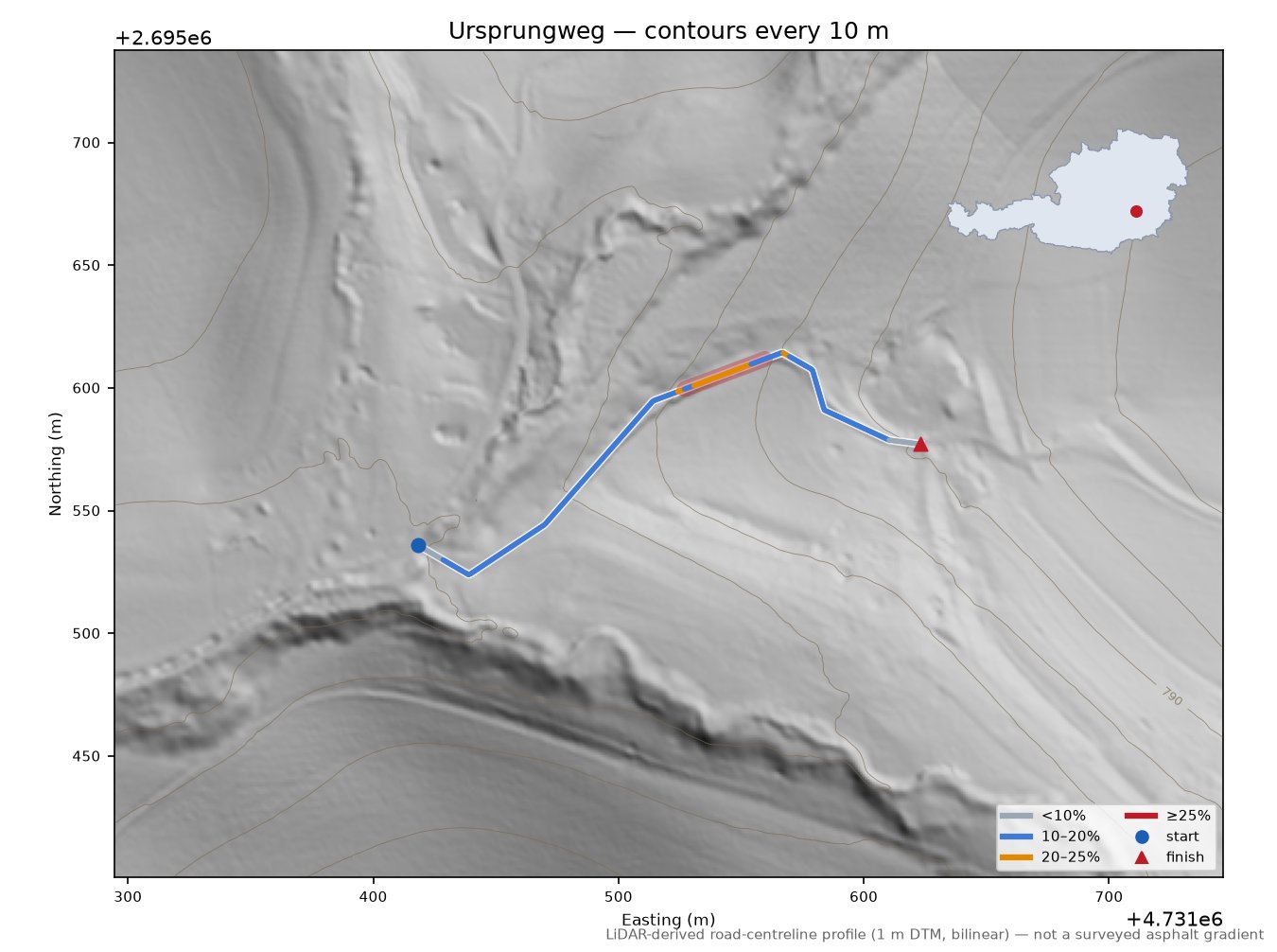 Ursprungweg LiDAR hillshade map with contours