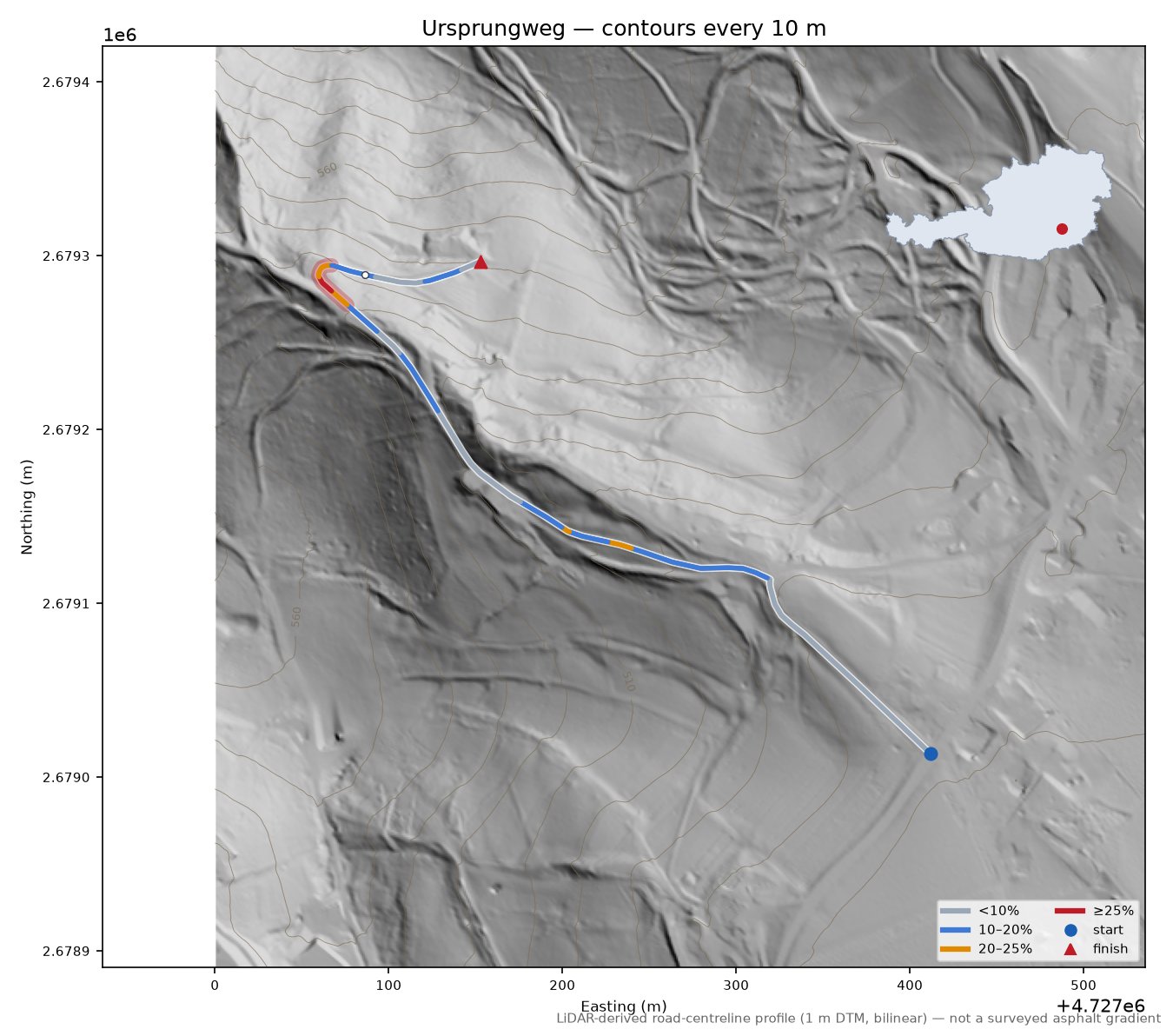 Ursprungweg LiDAR hillshade map with contours