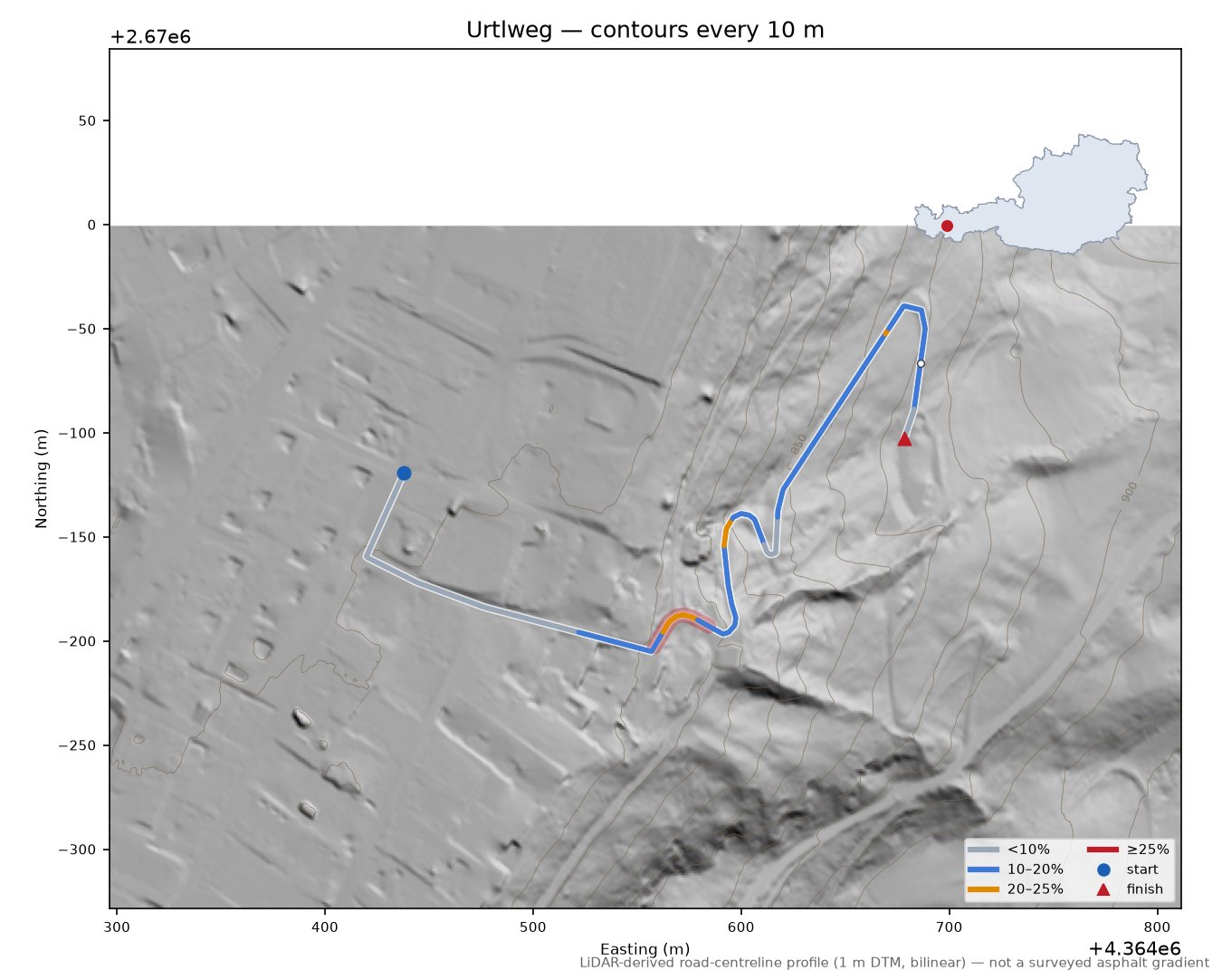 Urtlweg LiDAR hillshade map with contours