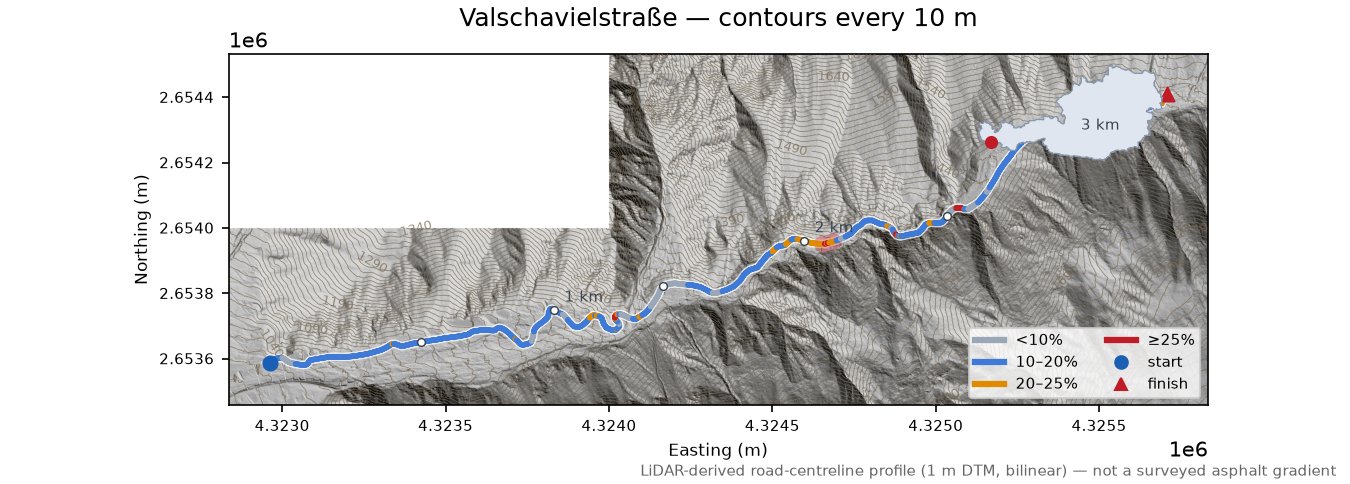 Valschavielstraße LiDAR hillshade map with contours