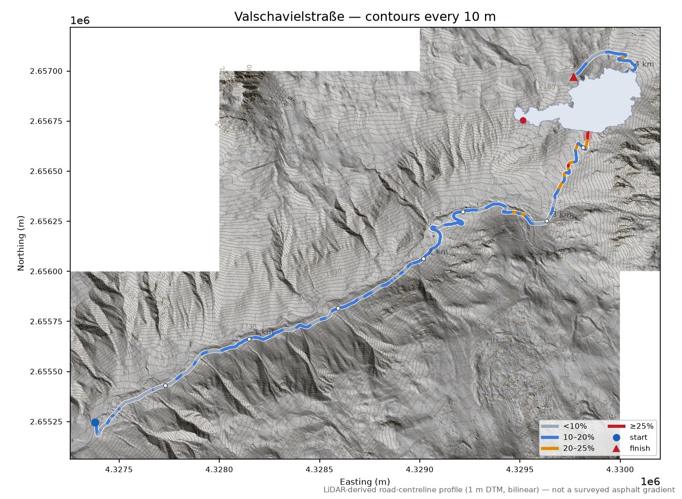 Valschavielstraße LiDAR hillshade map with contours