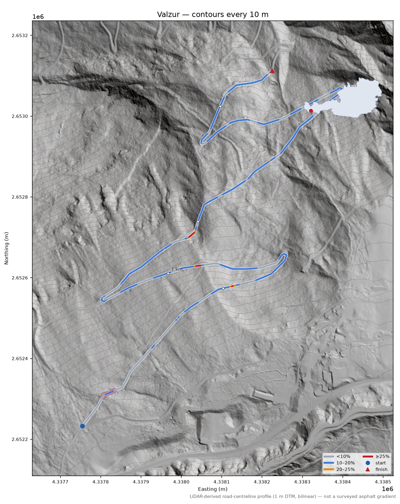 Valzur LiDAR hillshade map with contours