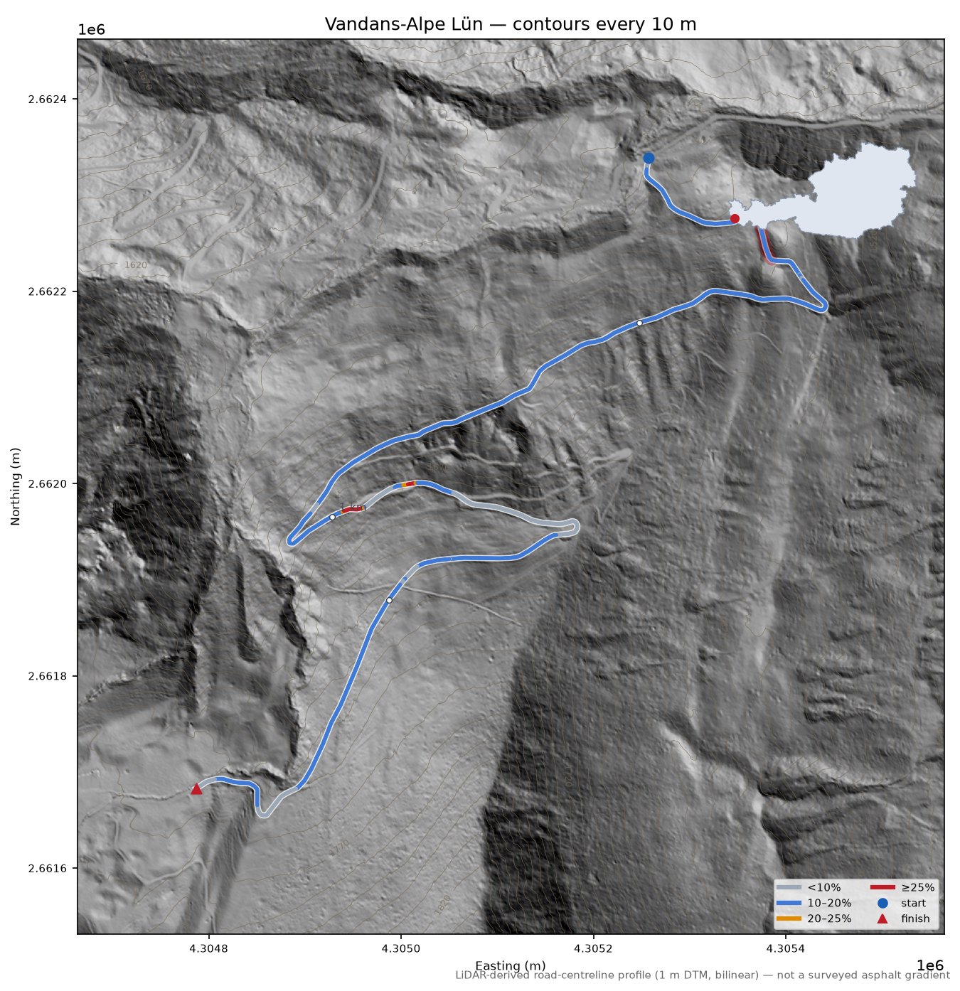 Vandans-Alpe Lün LiDAR hillshade map with contours
