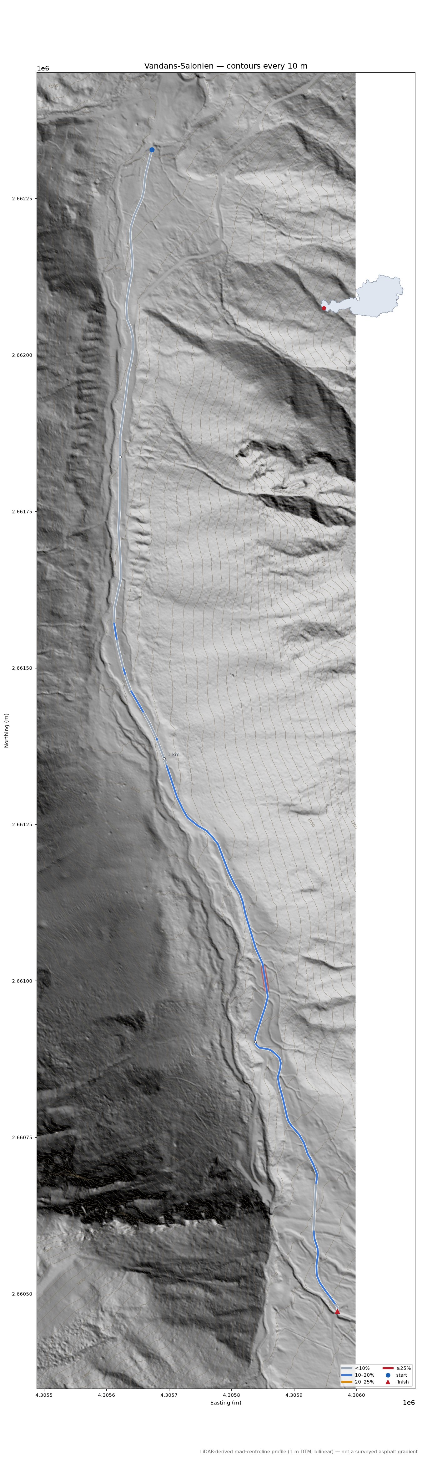 Vandans-Salonien LiDAR hillshade map with contours