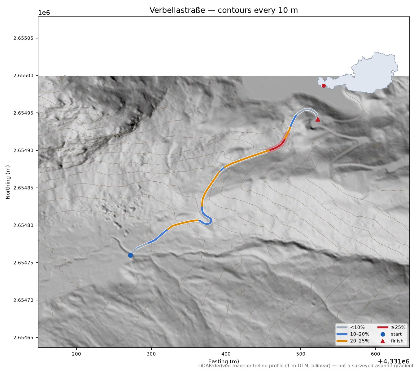 Verbellastraße LiDAR hillshade map with contours