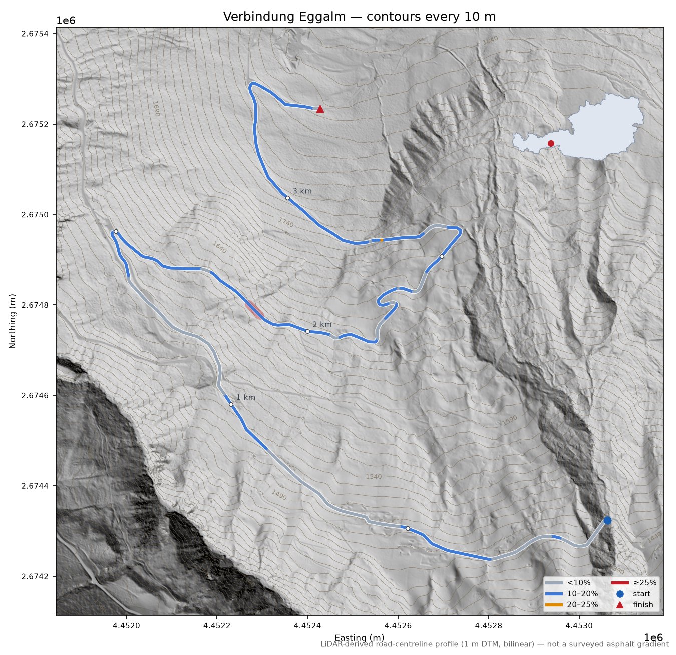 Verbindung Eggalm LiDAR hillshade map with contours
