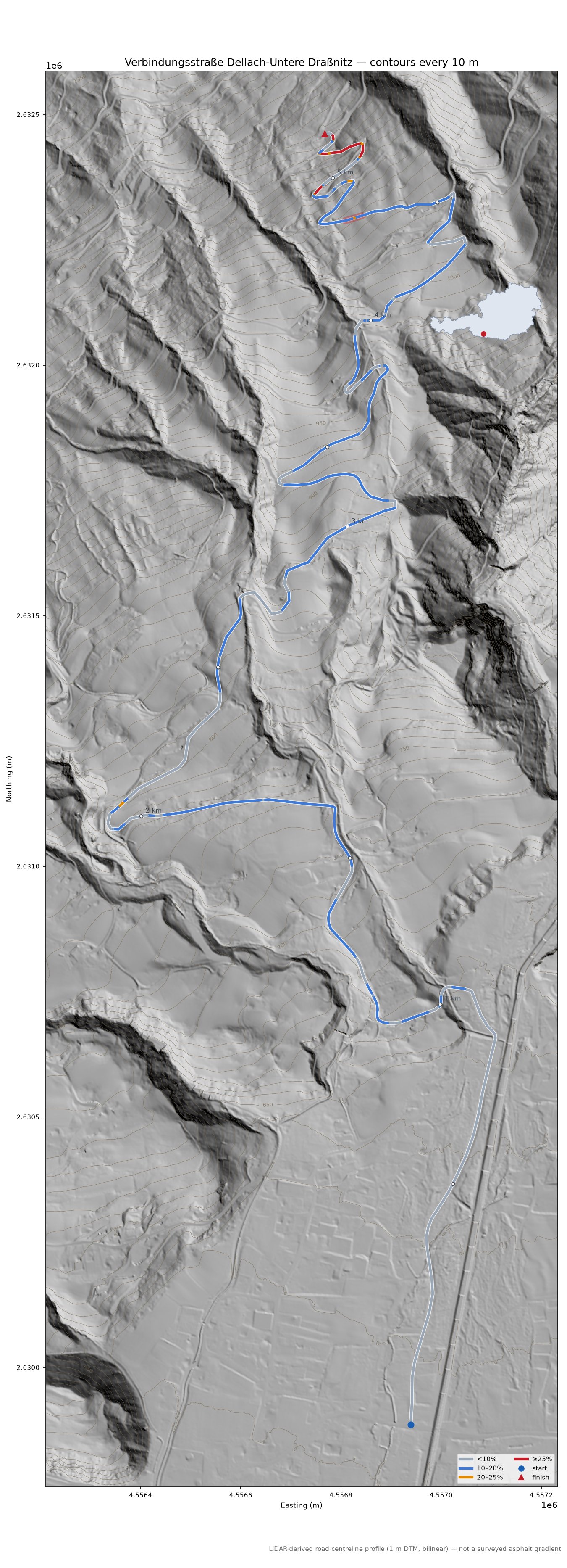 Verbindungsstraße Dellach-Untere Draßnitz LiDAR hillshade map with contours