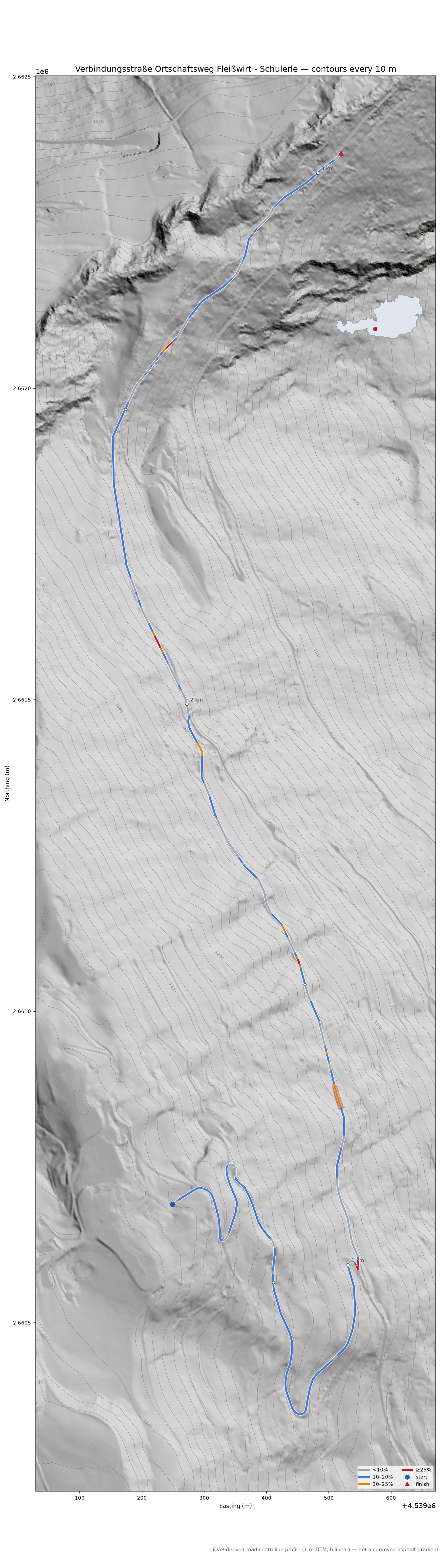 Verbindungsstraße Ortschaftsweg Fleißwirt - Schulerle LiDAR hillshade map with contours