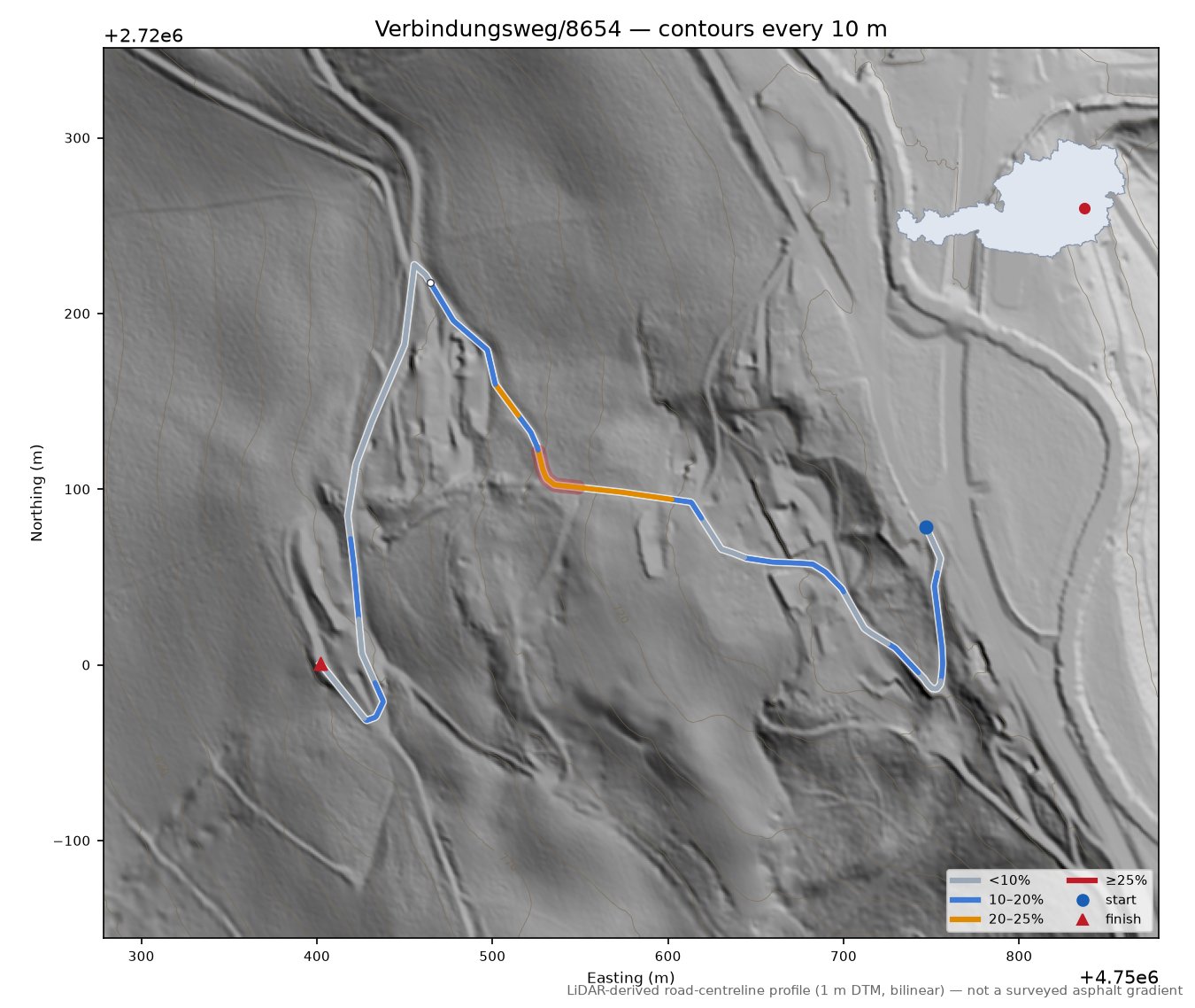 Verbindungsweg/8654 LiDAR hillshade map with contours