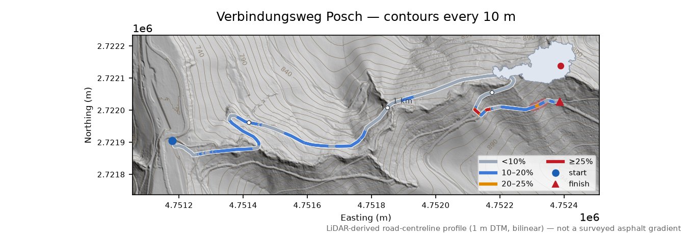 Verbindungsweg Posch LiDAR hillshade map with contours